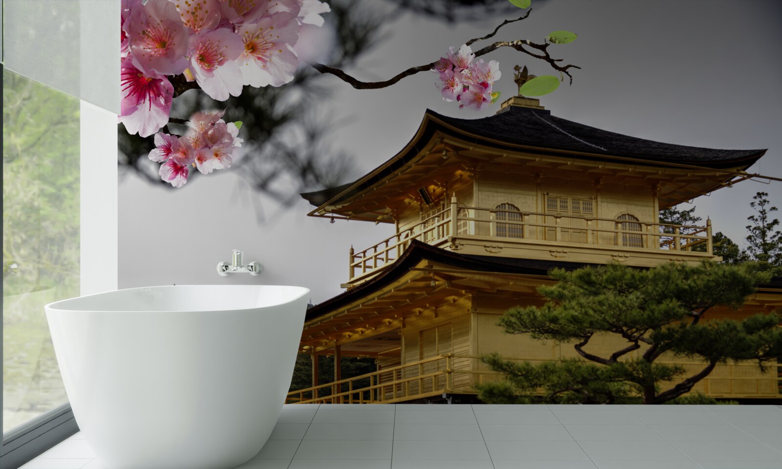 Fotobehang sakura en boeddhistisch klooster