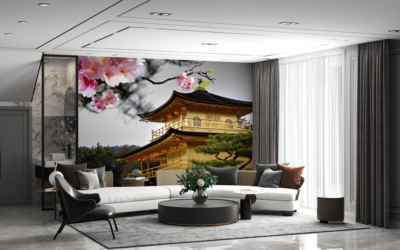 Fotobehang sakura en boeddhistisch klooster