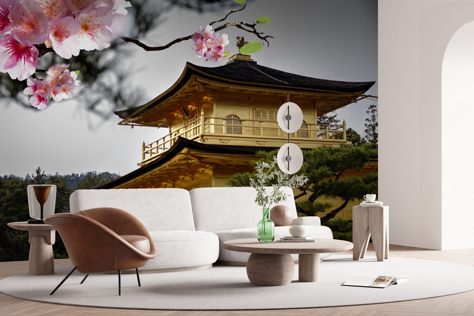 Fotobehang sakura en boeddhistisch klooster