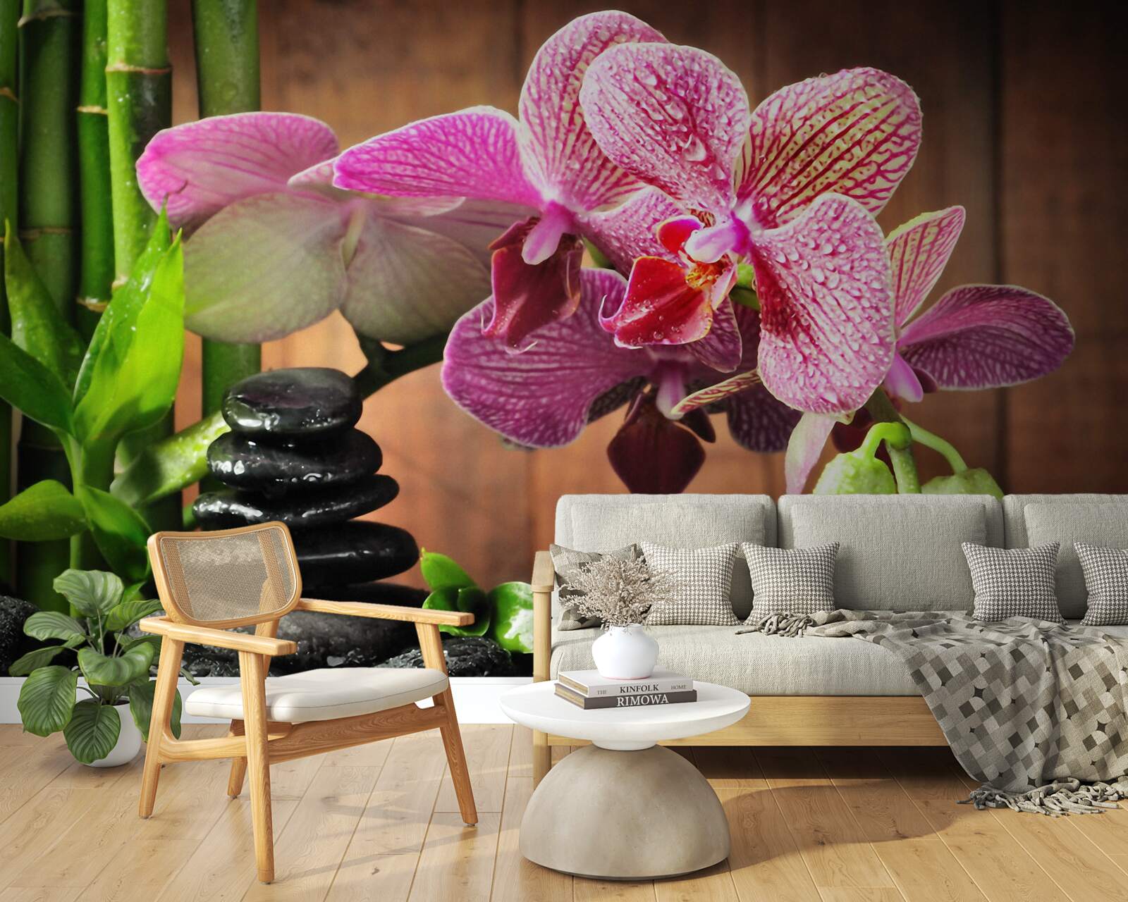 Fotobehang karmozijnrode orchidee tussen de stenen