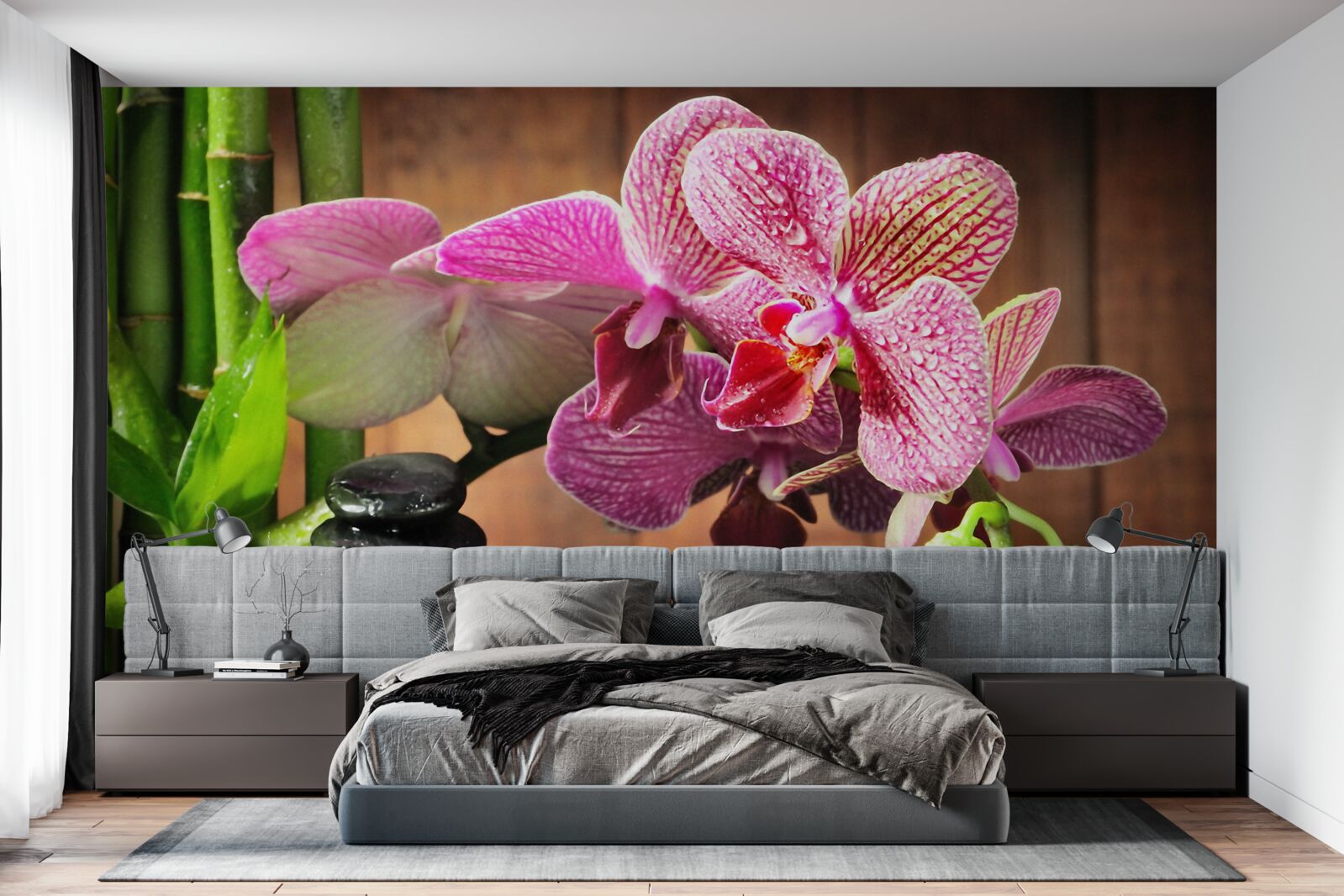 Fotobehang karmozijnrode orchidee tussen de stenen