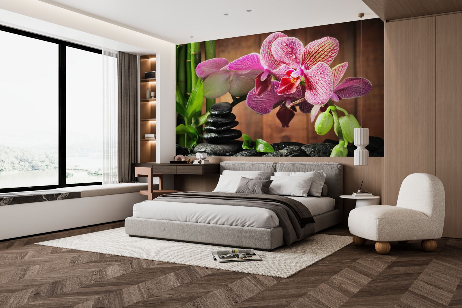 Fotobehang karmozijnrode orchidee tussen de stenen