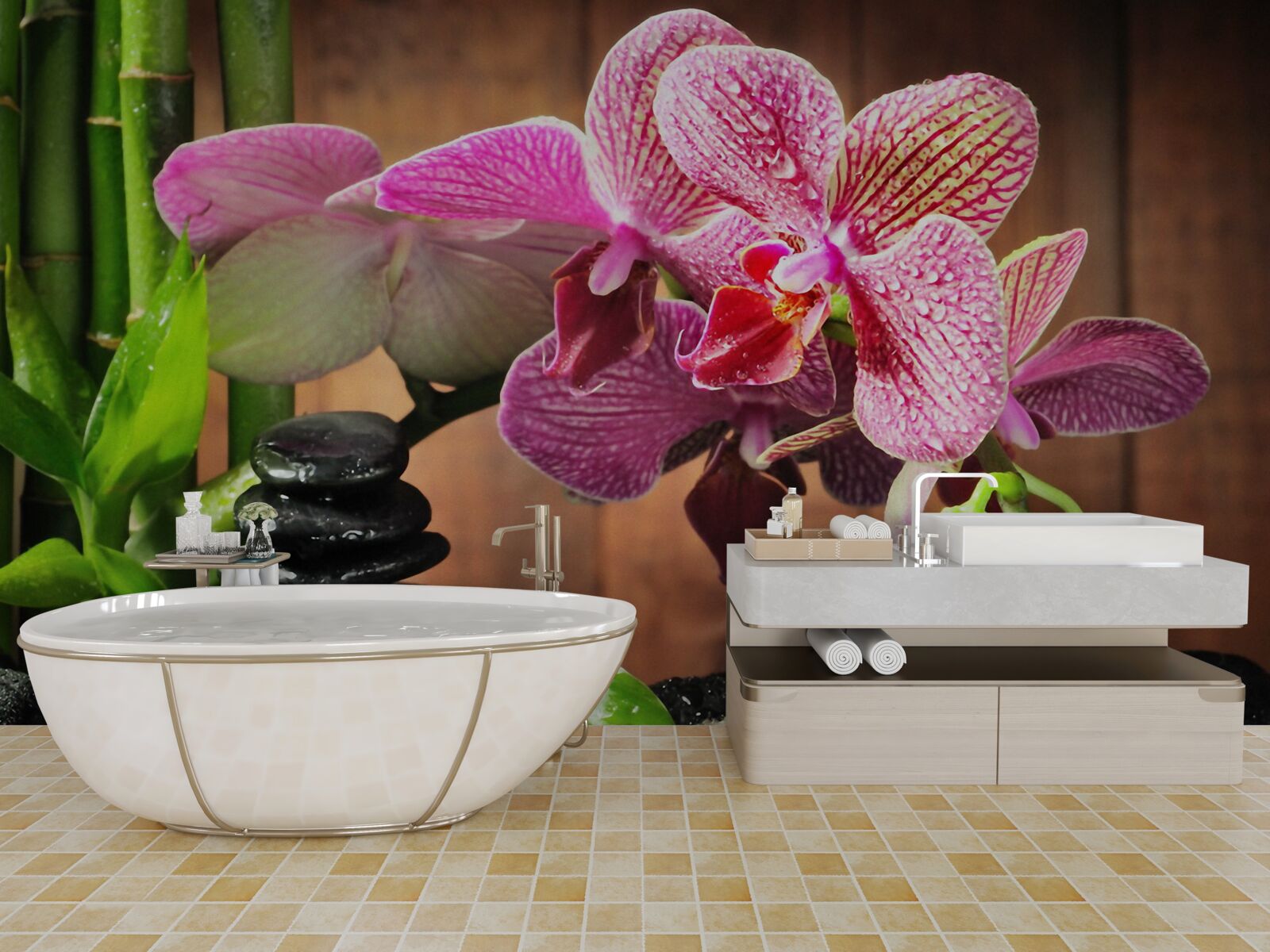 Fotobehang karmozijnrode orchidee tussen de stenen