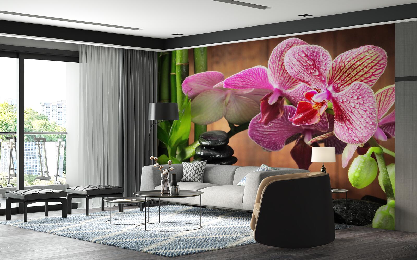 Fotobehang karmozijnrode orchidee tussen de stenen