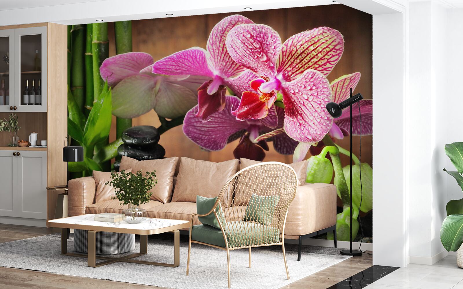 Fotobehang karmozijnrode orchidee tussen de stenen