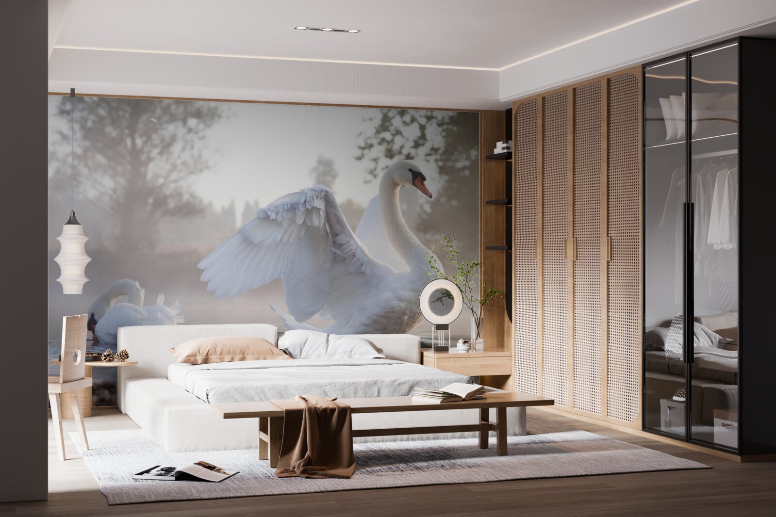 Fotobehang majestueuze sneeuwwitte zwaan drijvend op water