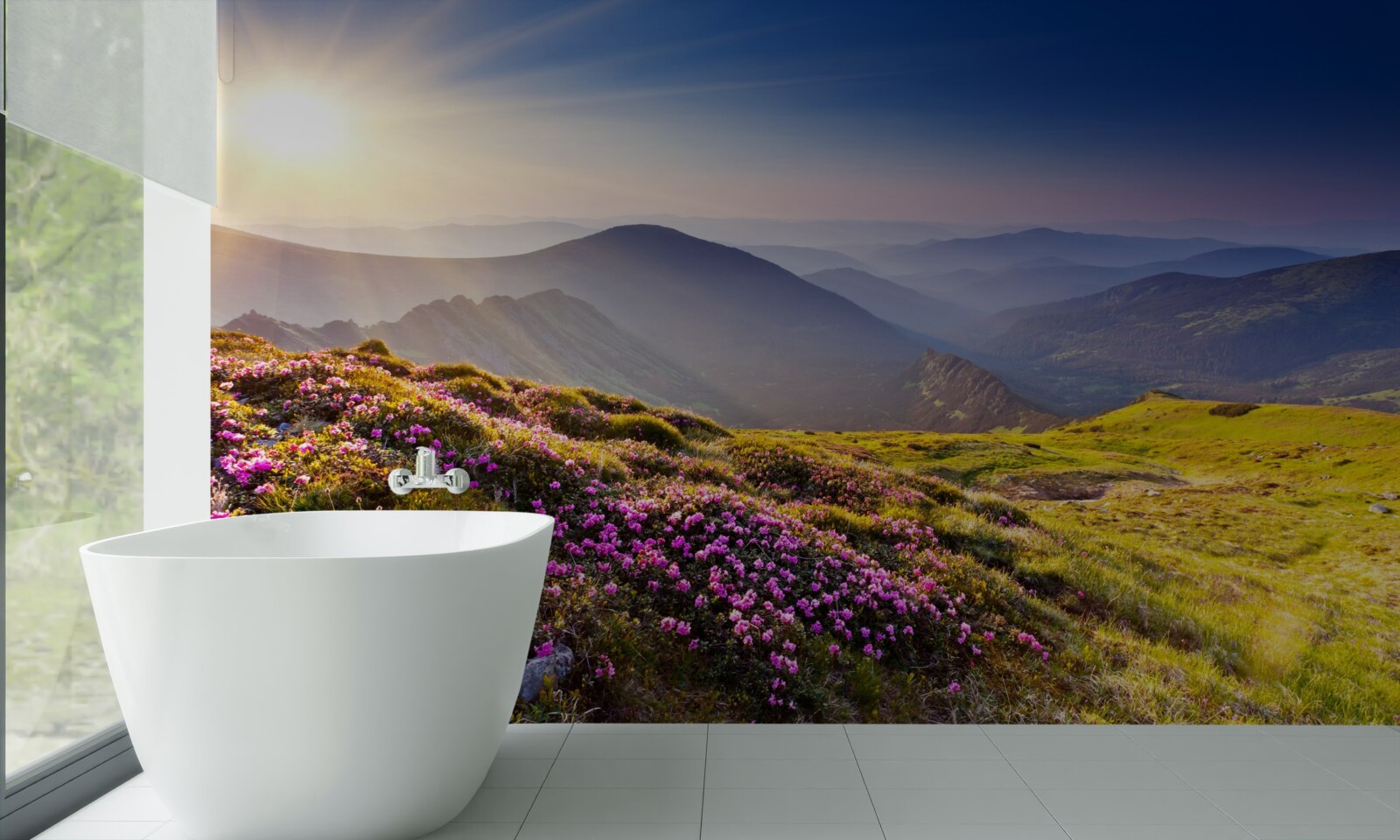 Fotobehang bergtop in het landschap bij zonsopgang