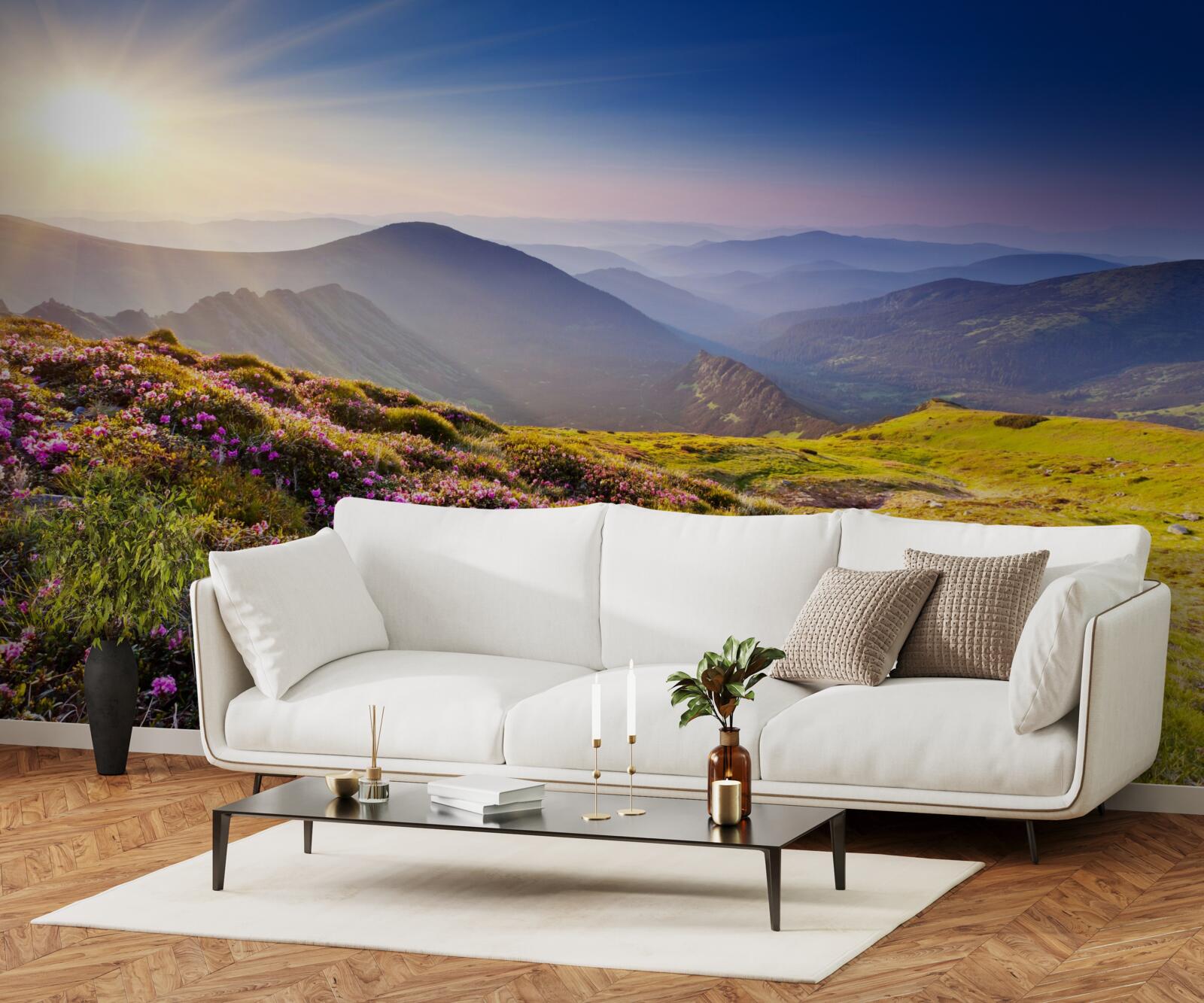 Fotobehang bergtop in het landschap bij zonsopgang