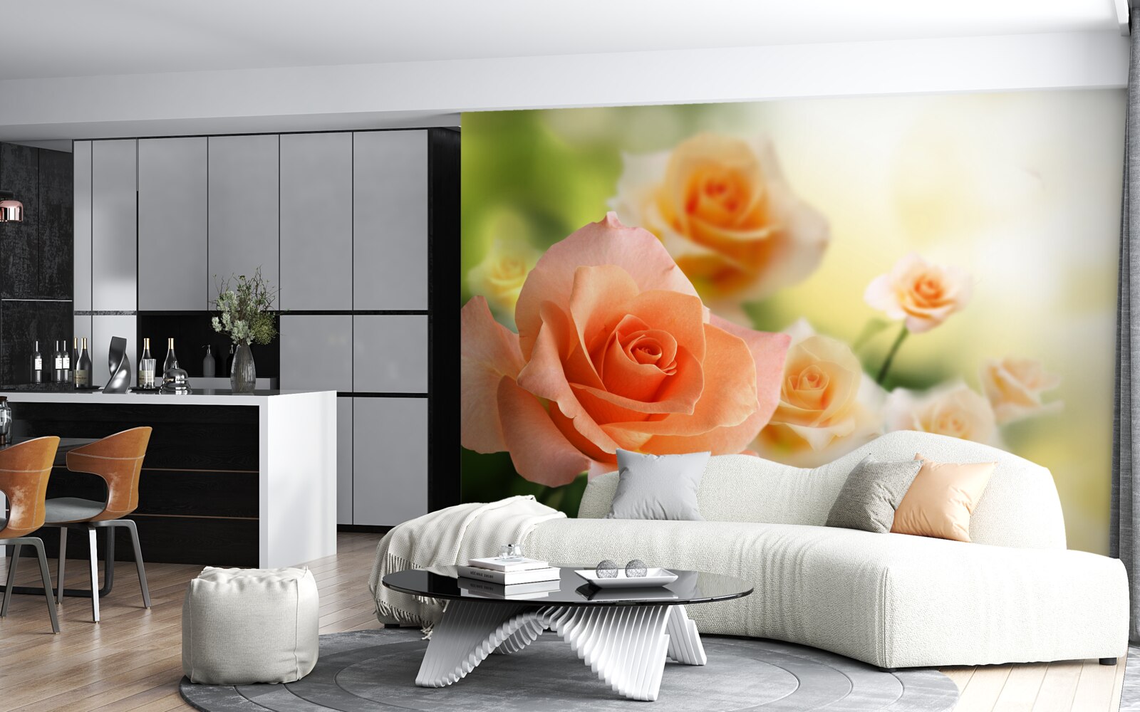 Fotobehang een licht boeket rozen in de struiken