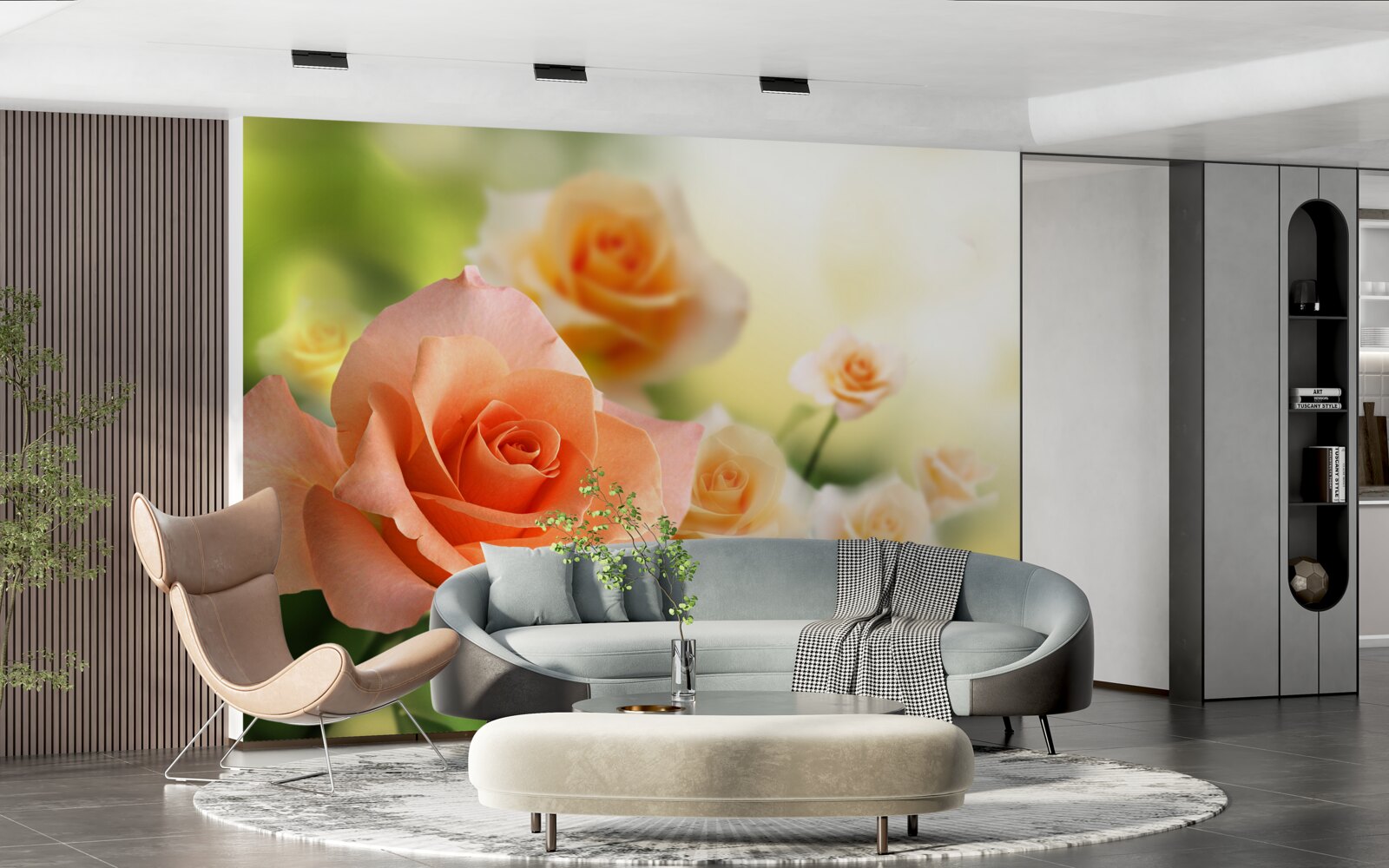 Fotobehang een licht boeket rozen in de struiken