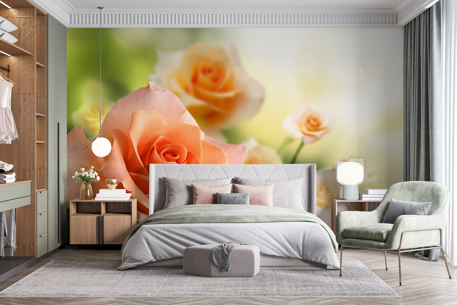 Fotobehang een licht boeket rozen in de struiken