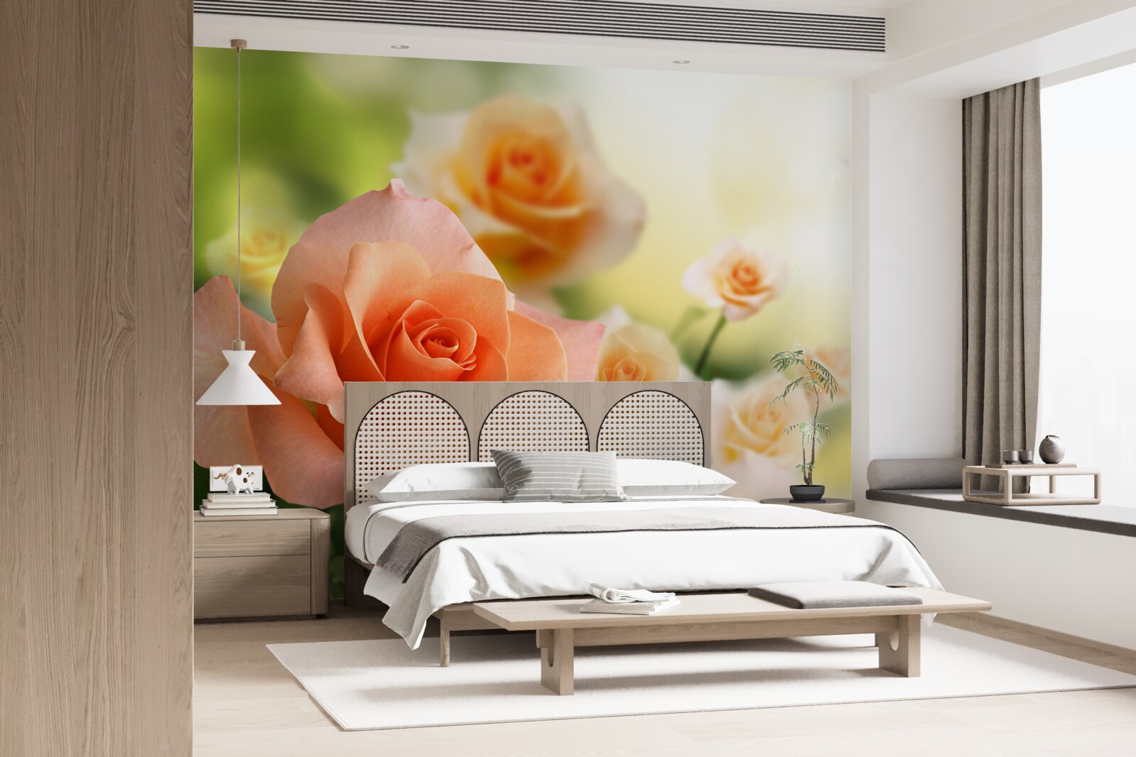 Fotobehang een licht boeket rozen in de struiken