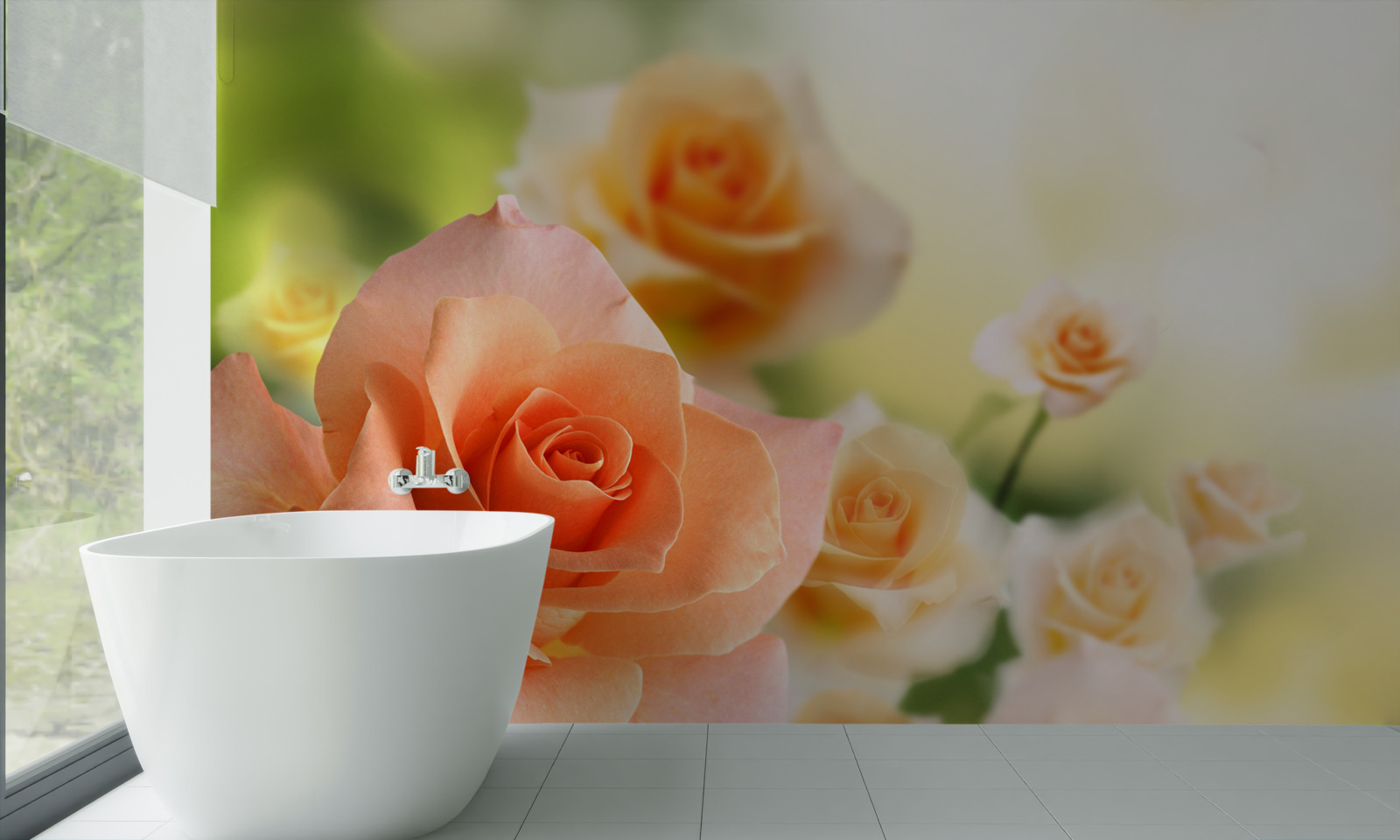 Fotobehang een licht boeket rozen in de struiken