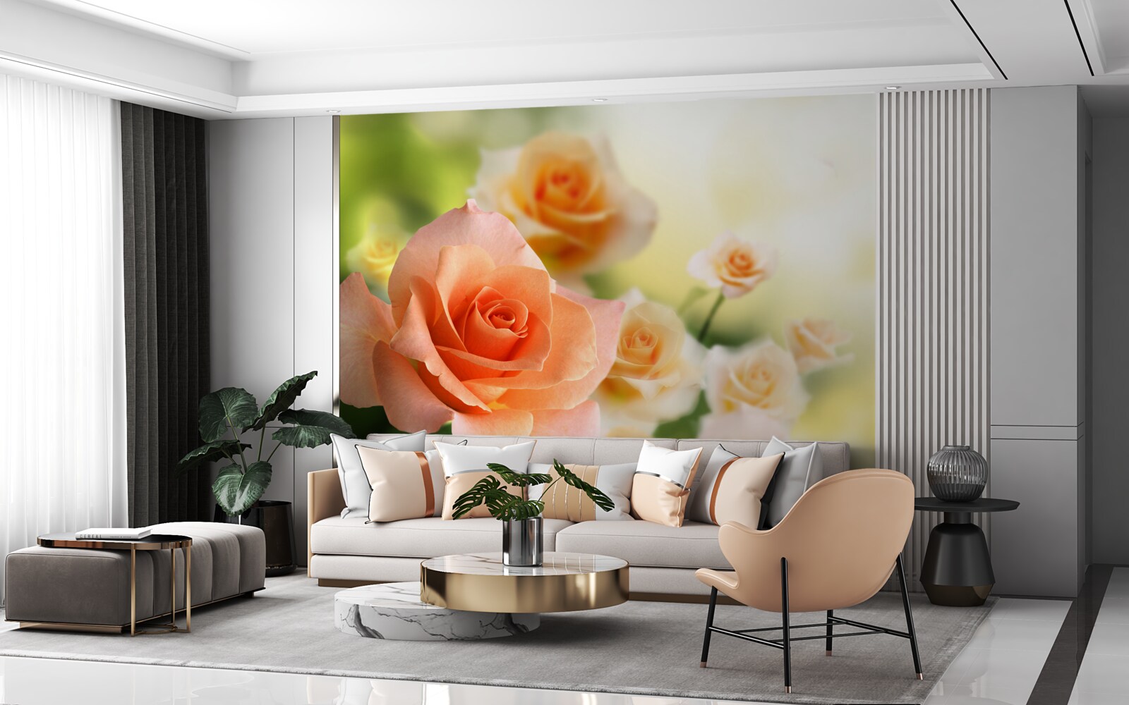 Fotobehang een licht boeket rozen in de struiken