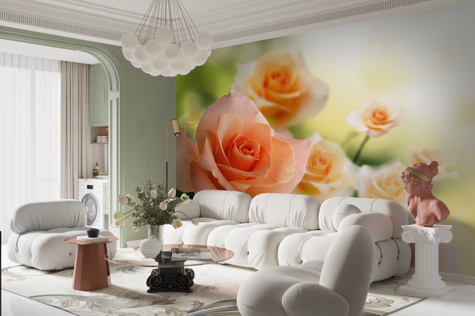 Fotobehang een licht boeket rozen in de struiken