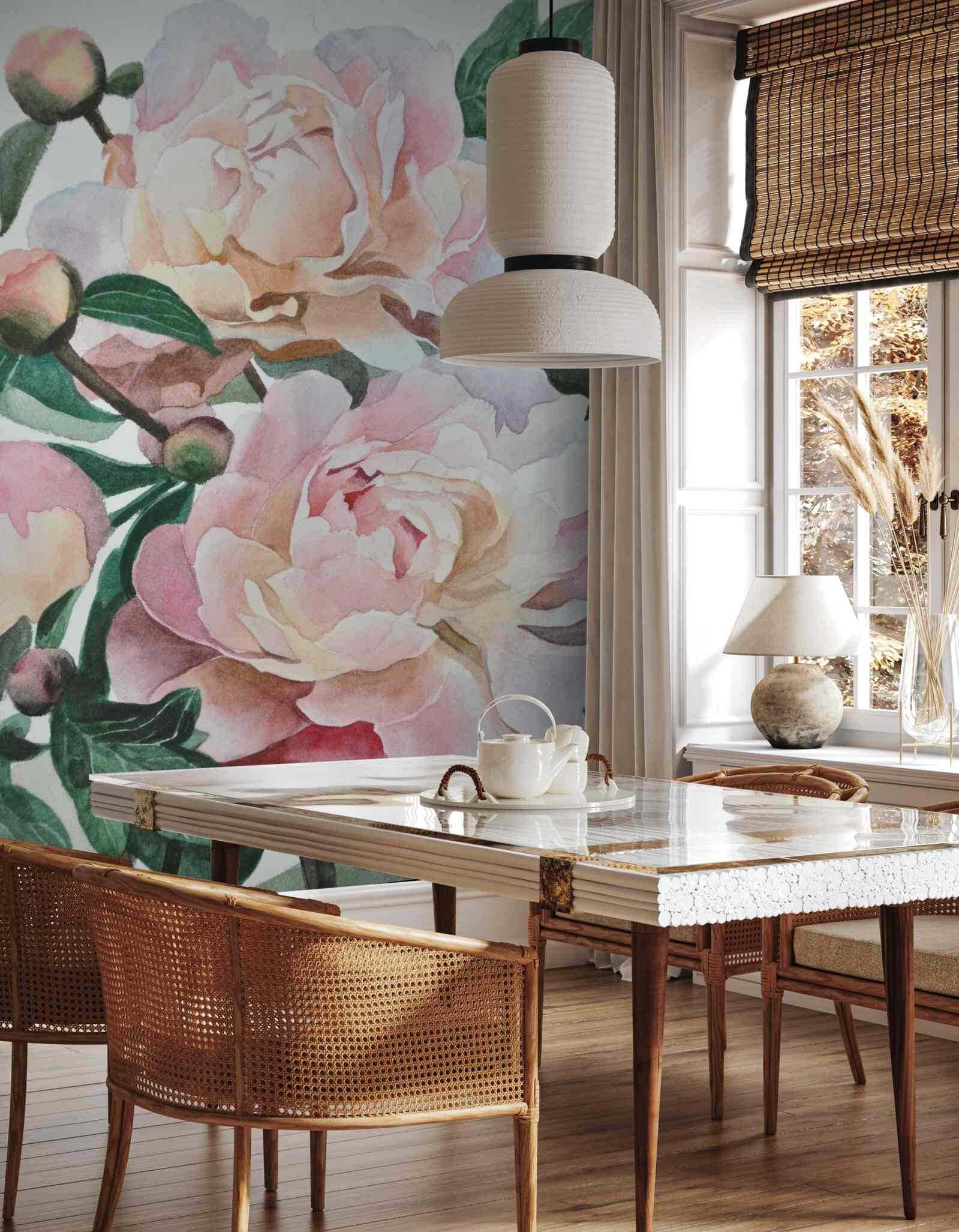 Fotobehang pioenrozen geschilderd in aquarel