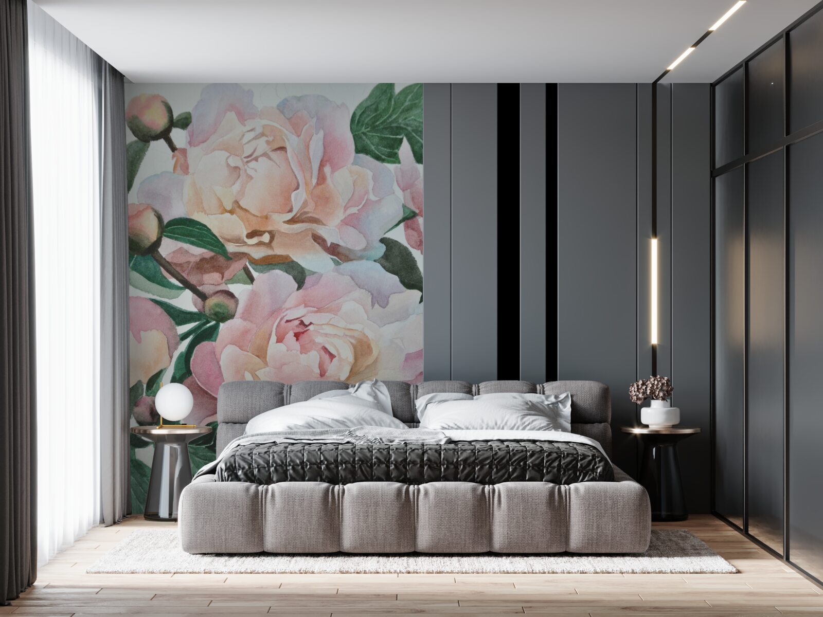 Fotobehang pioenrozen geschilderd in aquarel