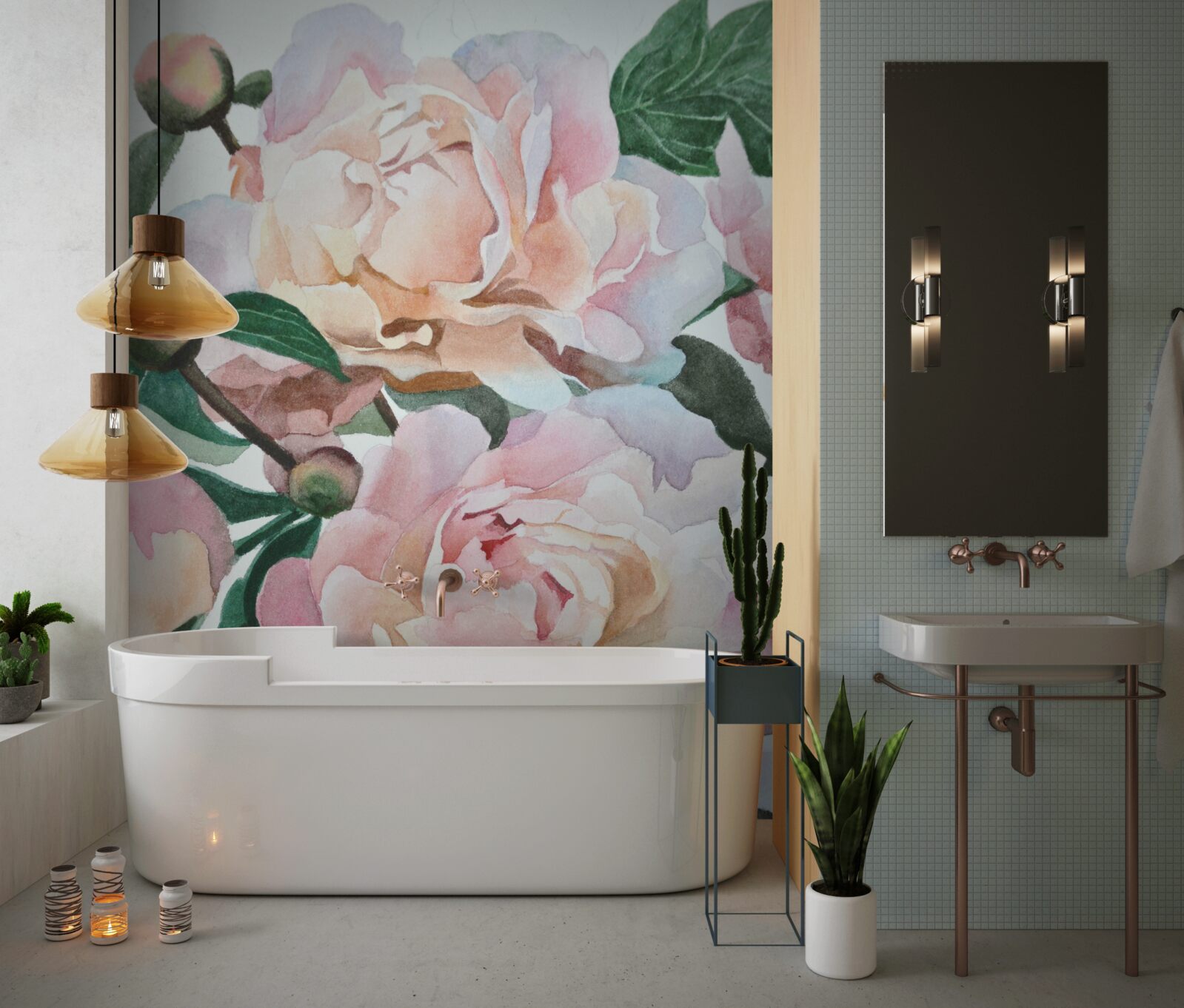 Fotobehang pioenrozen geschilderd in aquarel