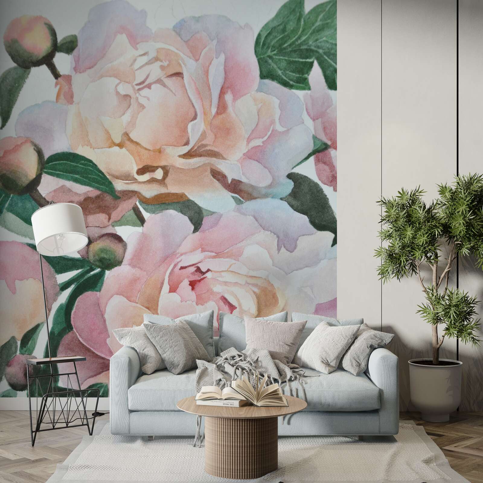 Fotobehang pioenrozen geschilderd in aquarel