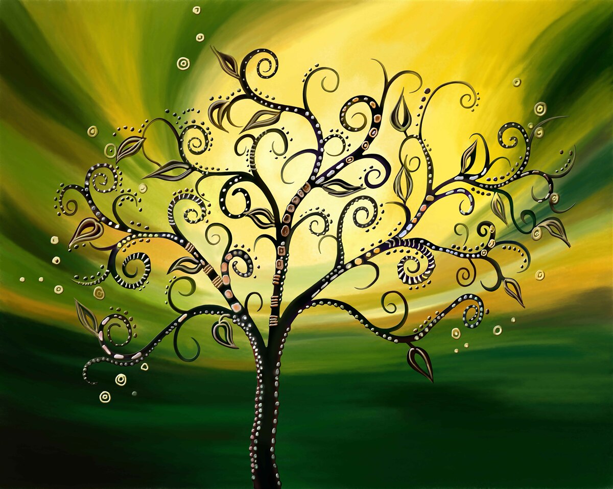 Fotobehang boom met patronen tegen een groene lucht bij zonsondergang