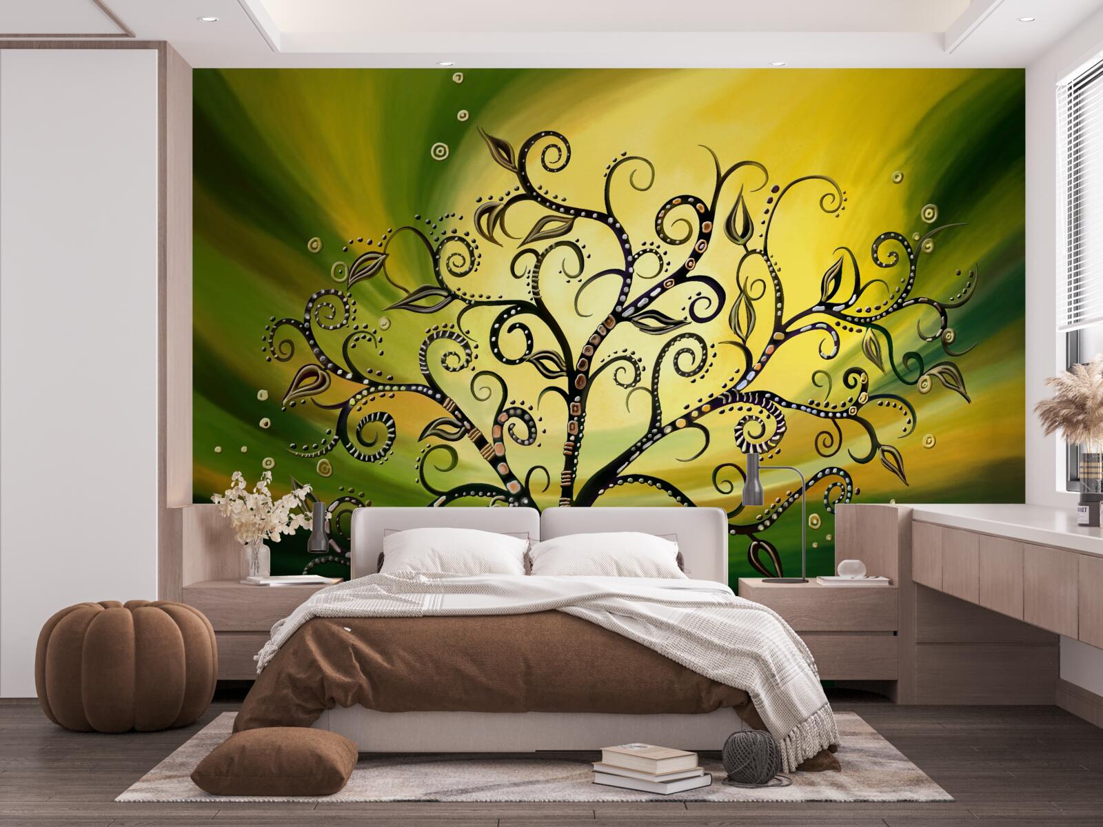 Fotobehang boom met patronen tegen een groene lucht bij zonsondergang