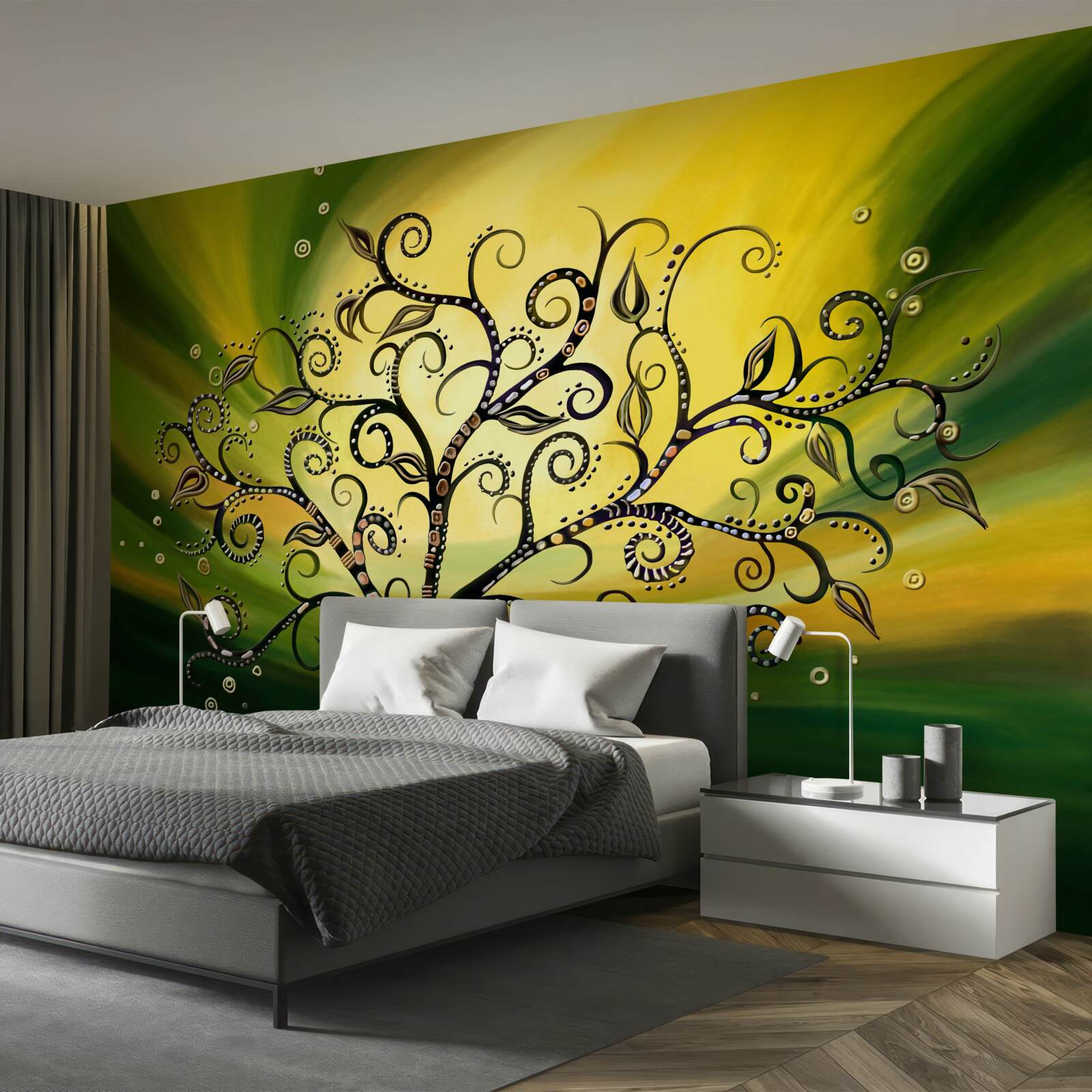 Fotobehang boom met patronen tegen een groene lucht bij zonsondergang