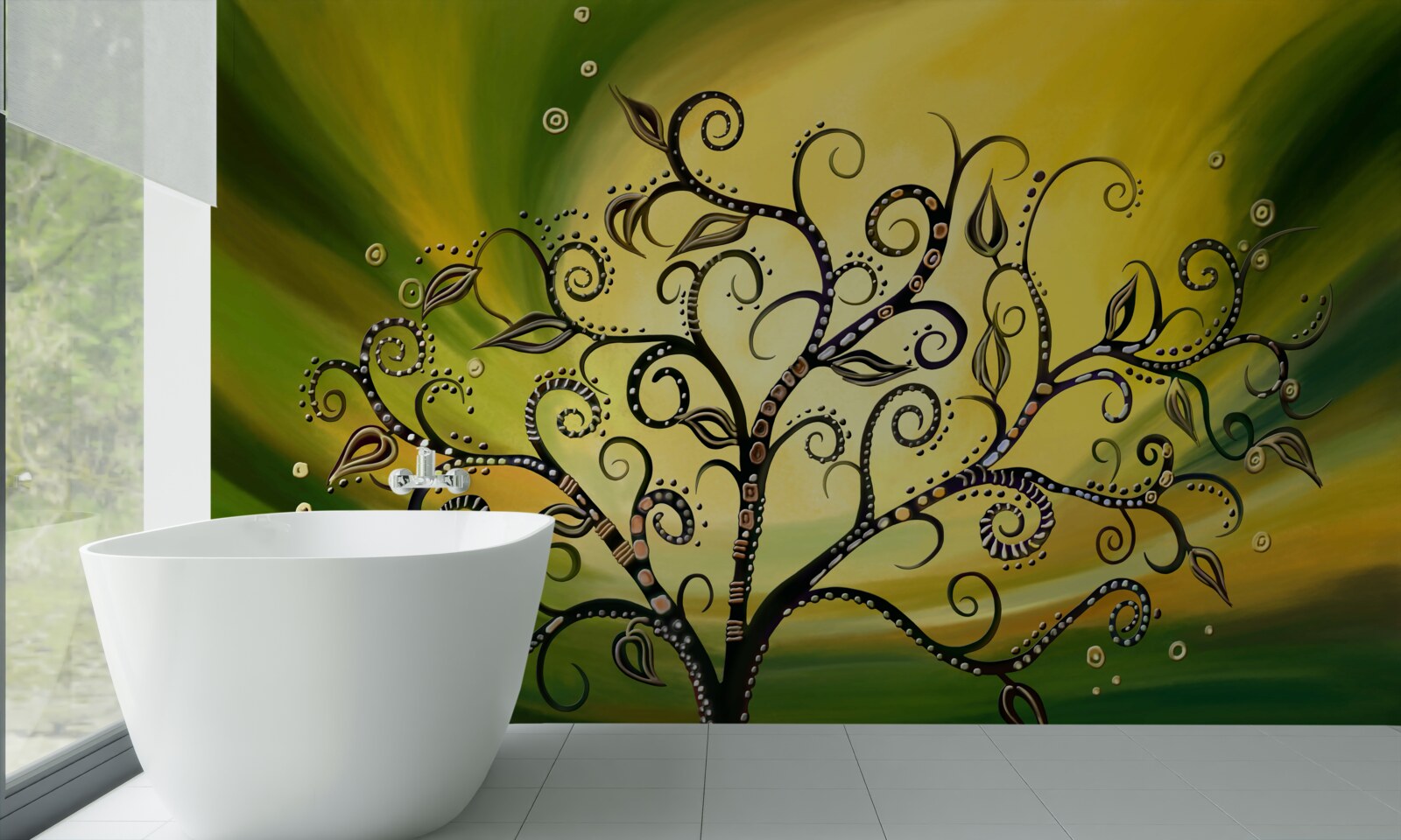 Fotobehang boom met patronen tegen een groene lucht bij zonsondergang