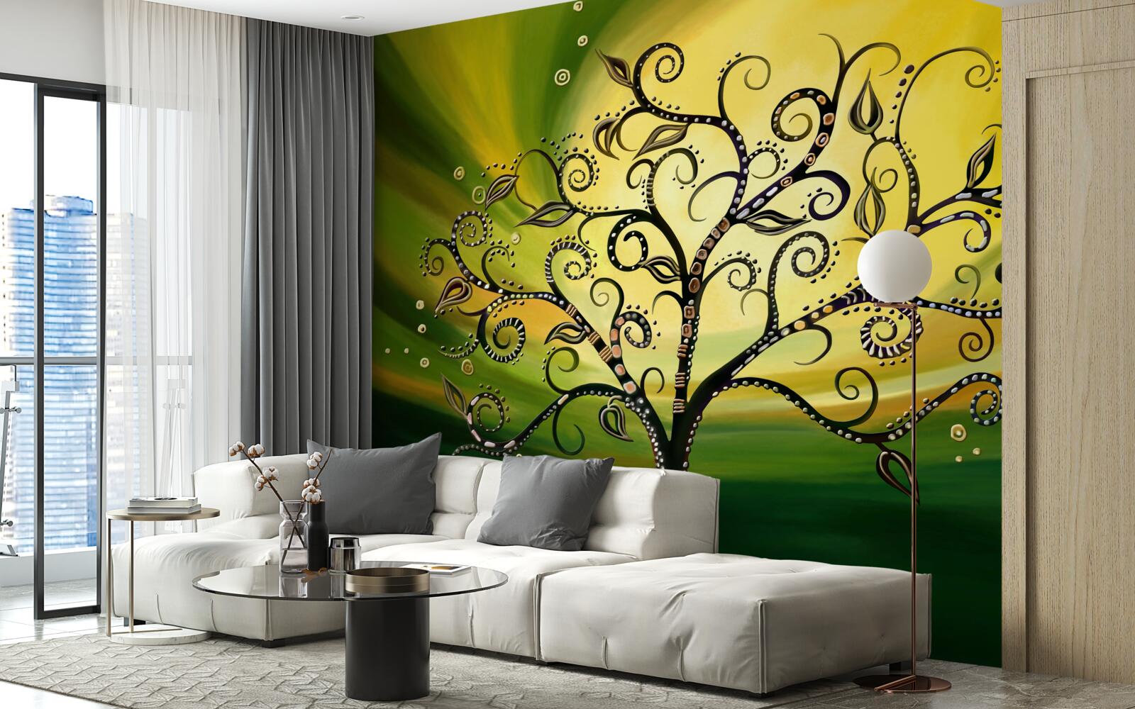 Fotobehang boom met patronen tegen een groene lucht bij zonsondergang