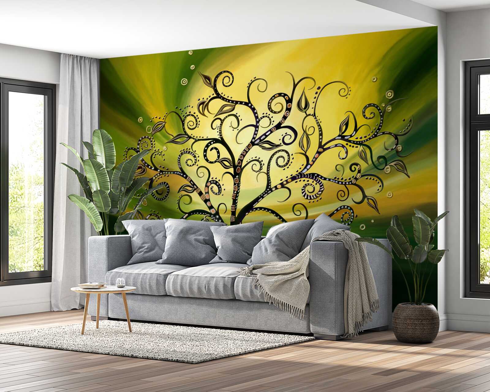 Fotobehang boom met patronen tegen een groene lucht bij zonsondergang