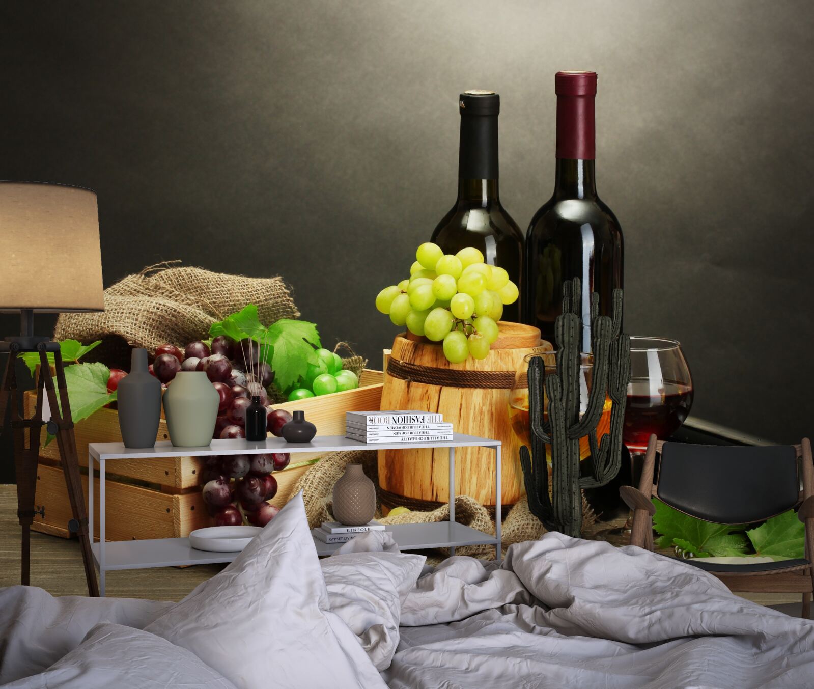 Fotobehang druiventrossen en een glas wijn