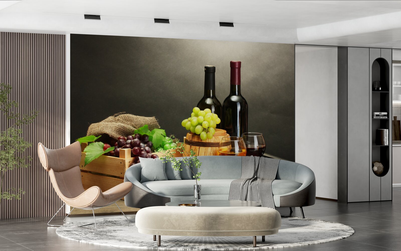 Fotobehang druiventrossen en een glas wijn