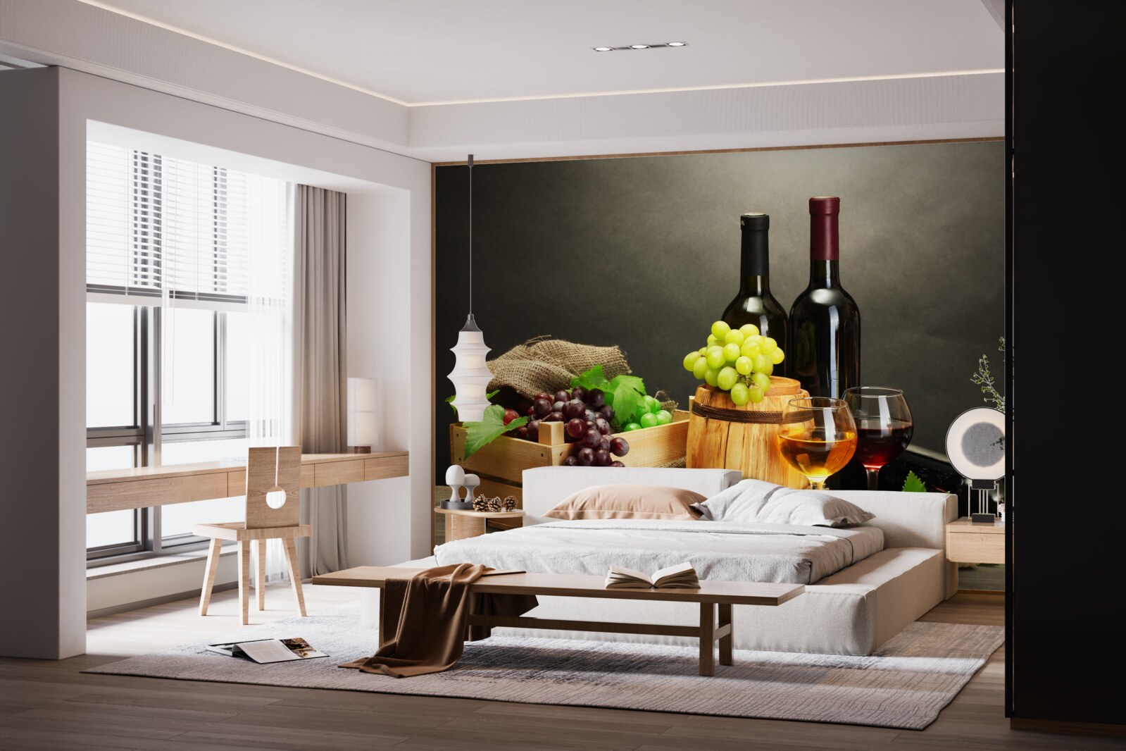 Fotobehang druiventrossen en een glas wijn