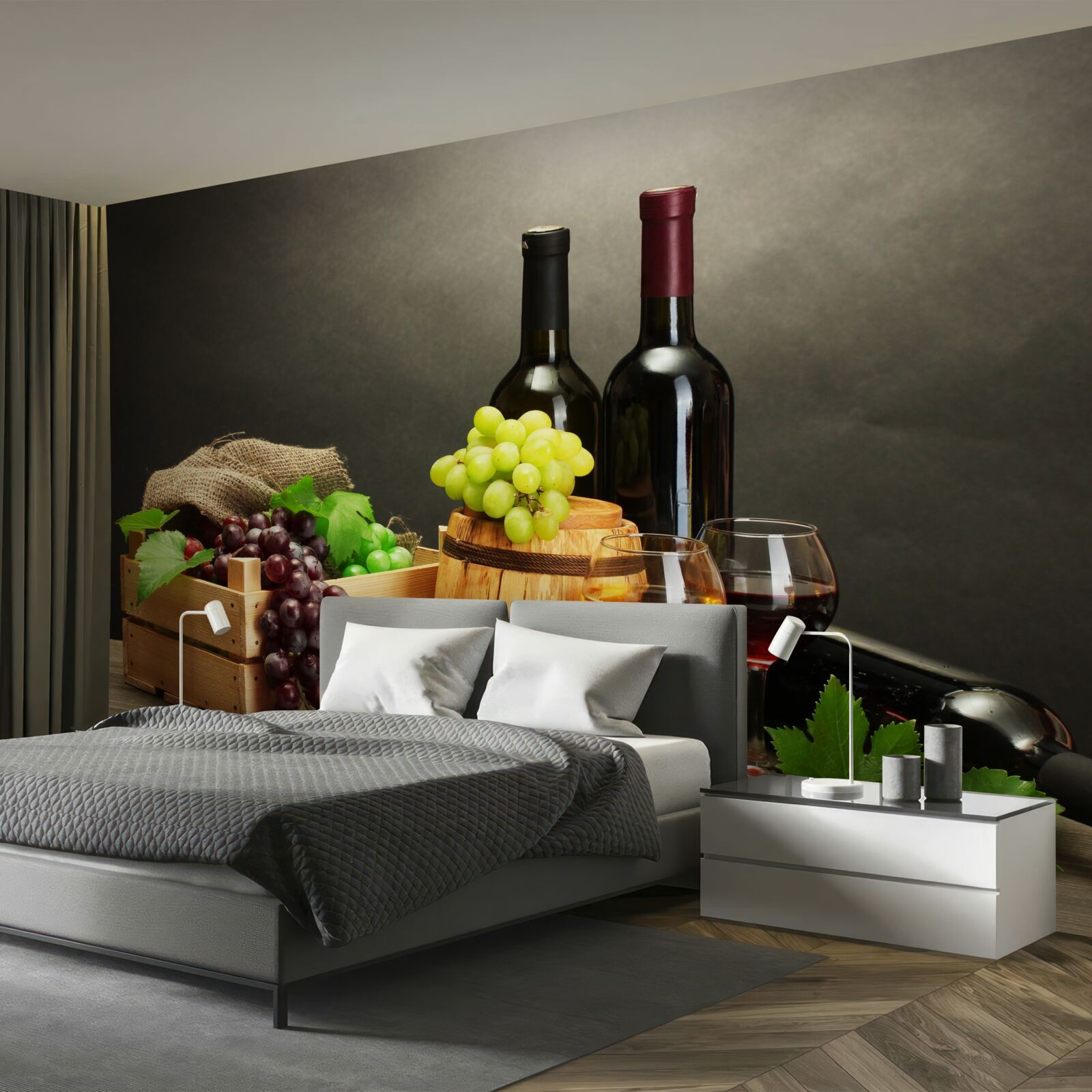 Fotobehang druiventrossen en een glas wijn