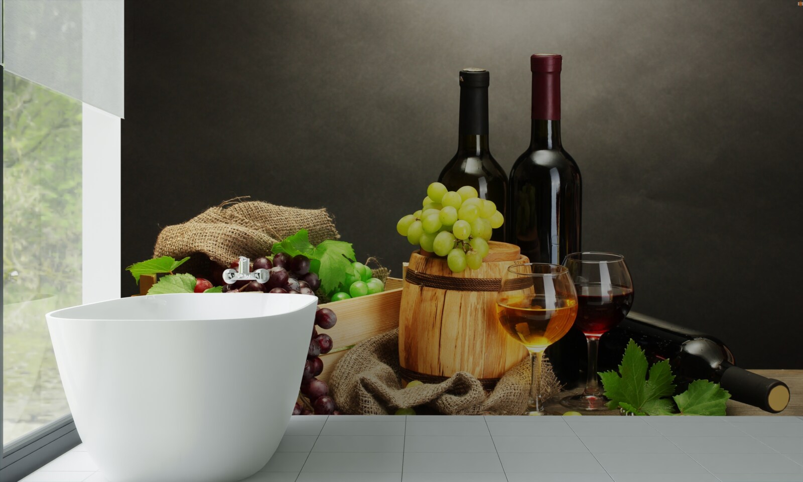 Fotobehang druiventrossen en een glas wijn