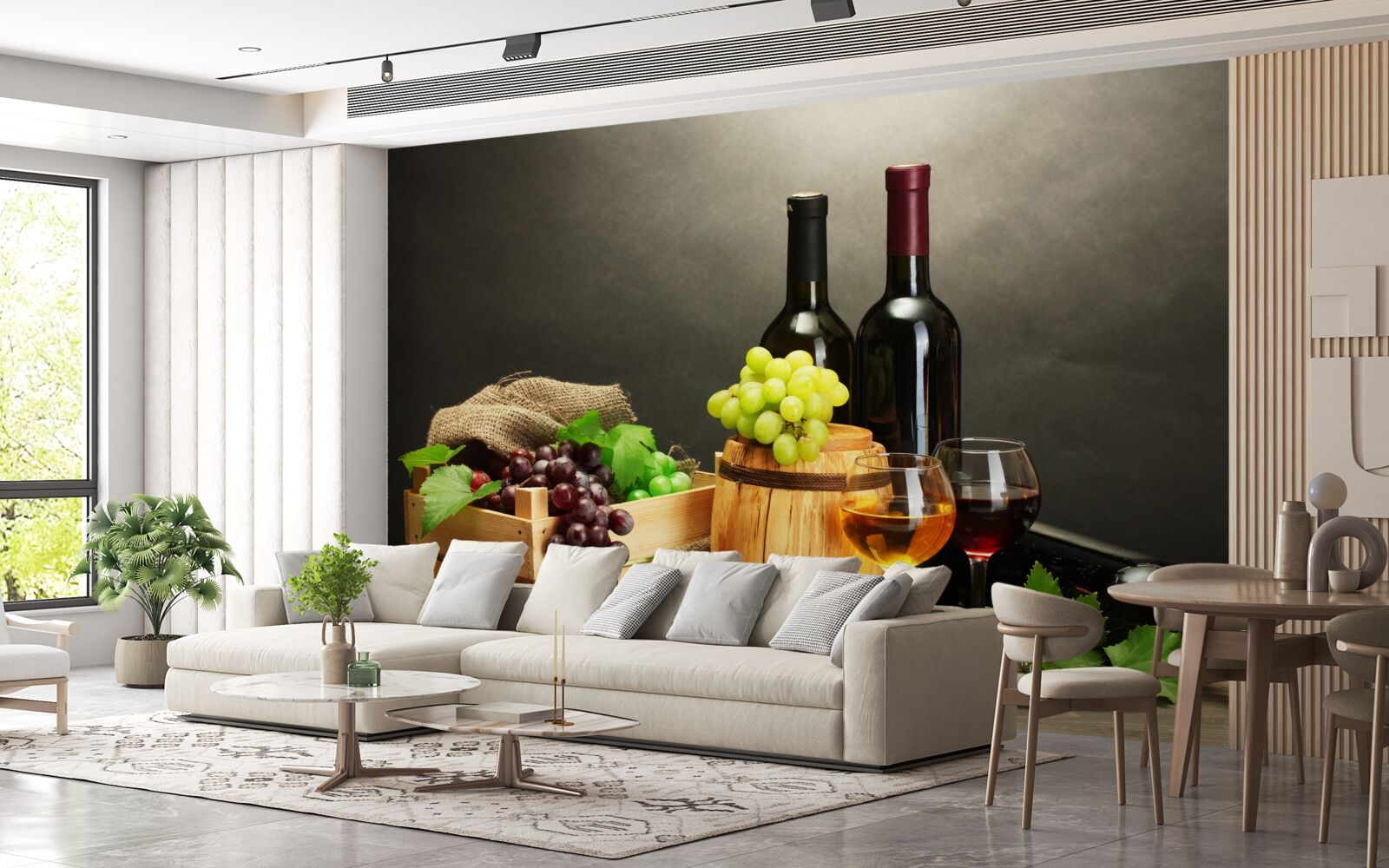 Fotobehang druiventrossen en een glas wijn