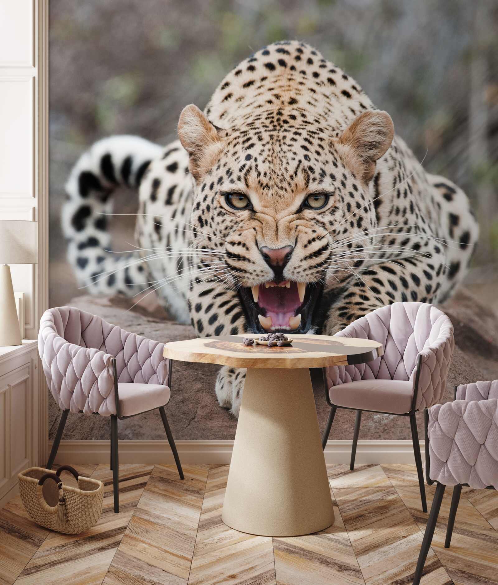 Fotobehang opgewonden luipaard maakt zich klaar om te springen