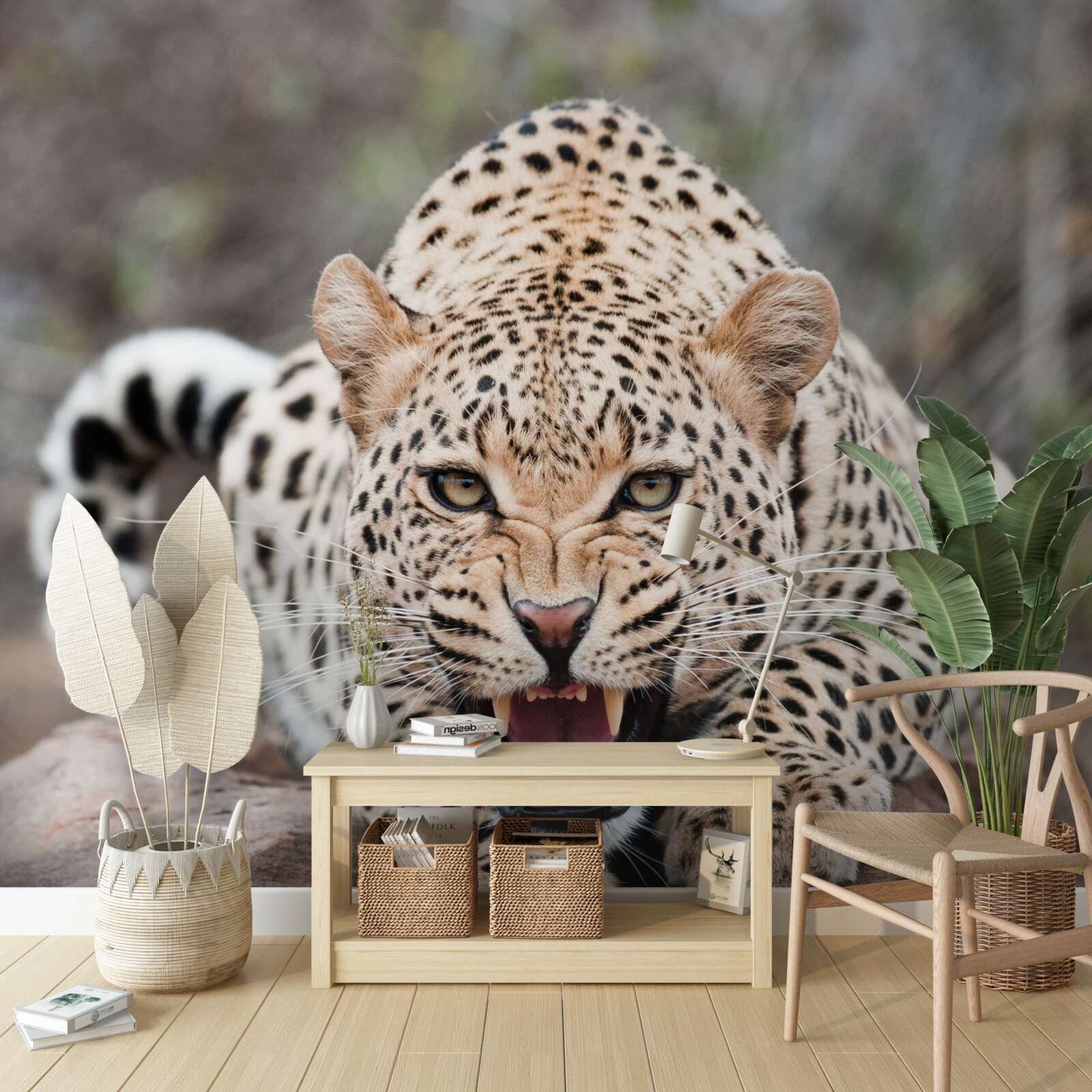 Fotobehang opgewonden luipaard maakt zich klaar om te springen