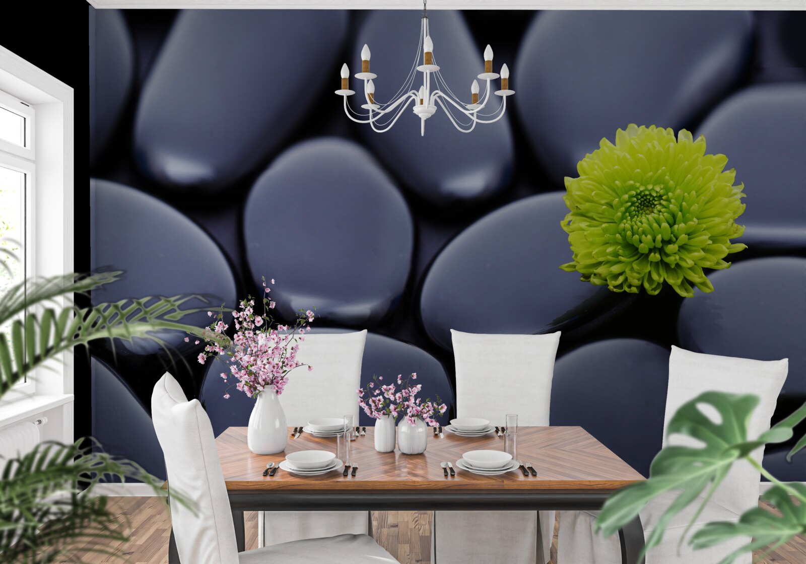 Fotobehang een groene bloem groeit over een rotsachtige barrière