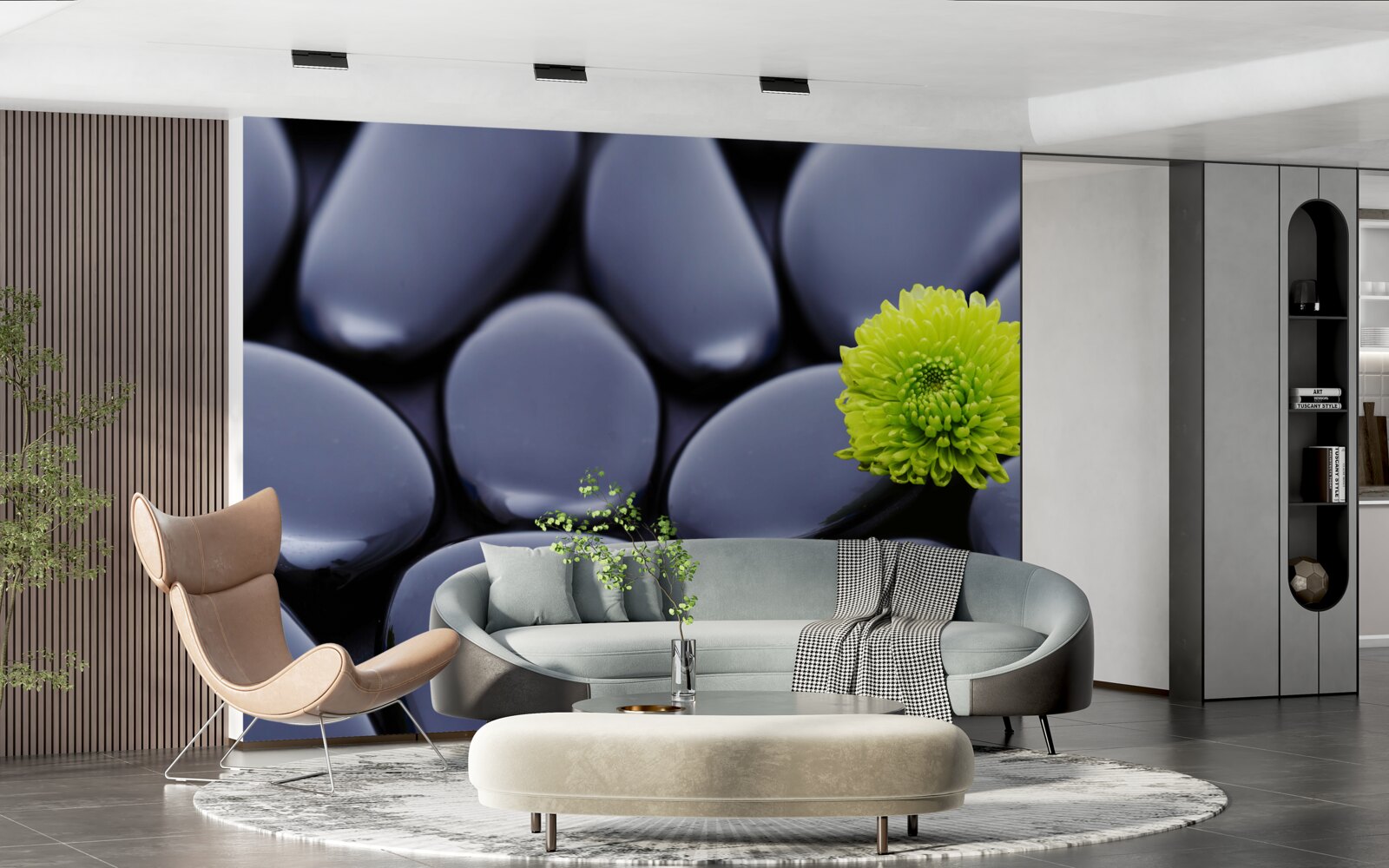 Fotobehang een groene bloem groeit over een rotsachtige barrière