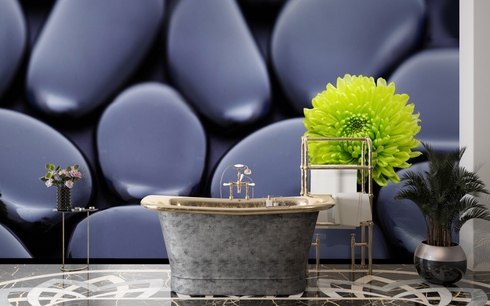 Fotobehang een groene bloem groeit over een rotsachtige barrière