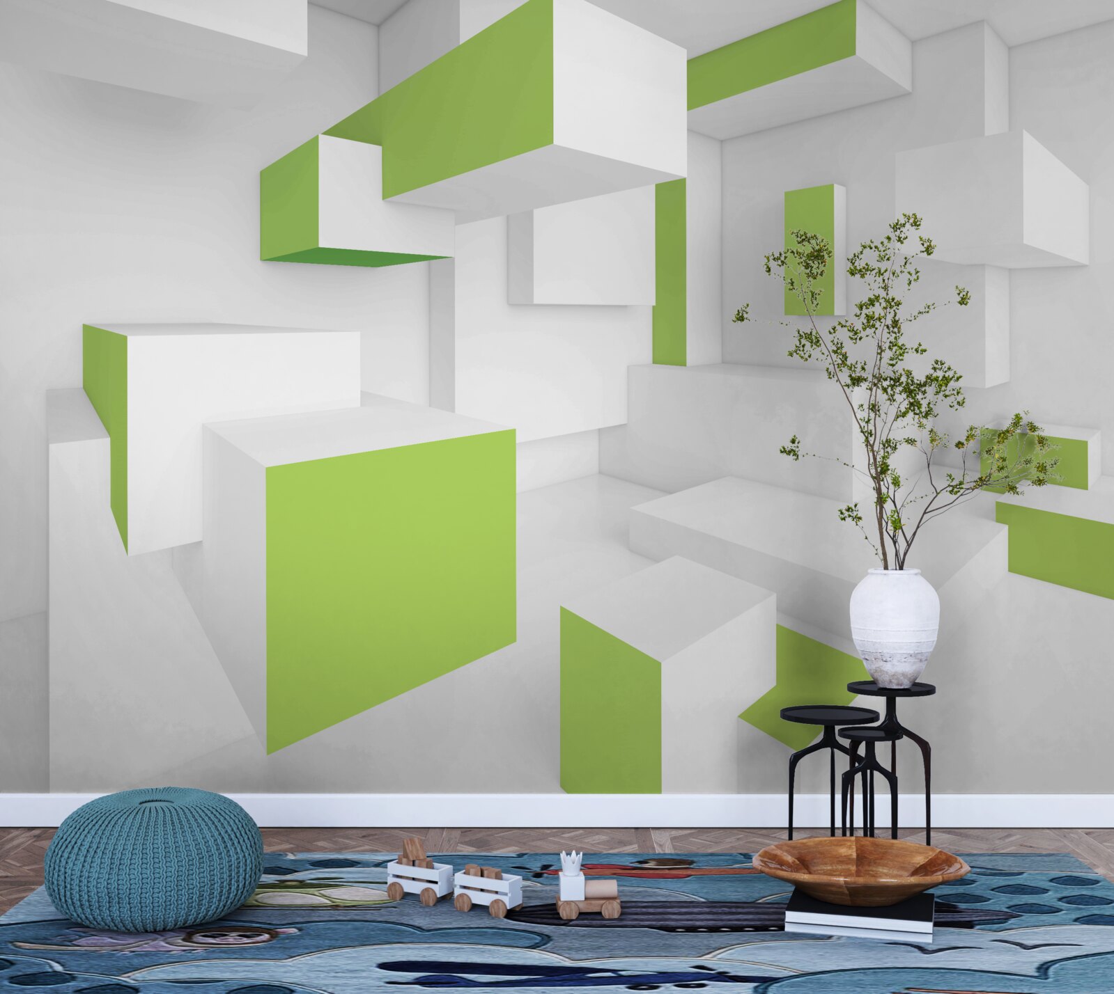 Fotobehang rechthoekige structuren met lichtgroene bekleding