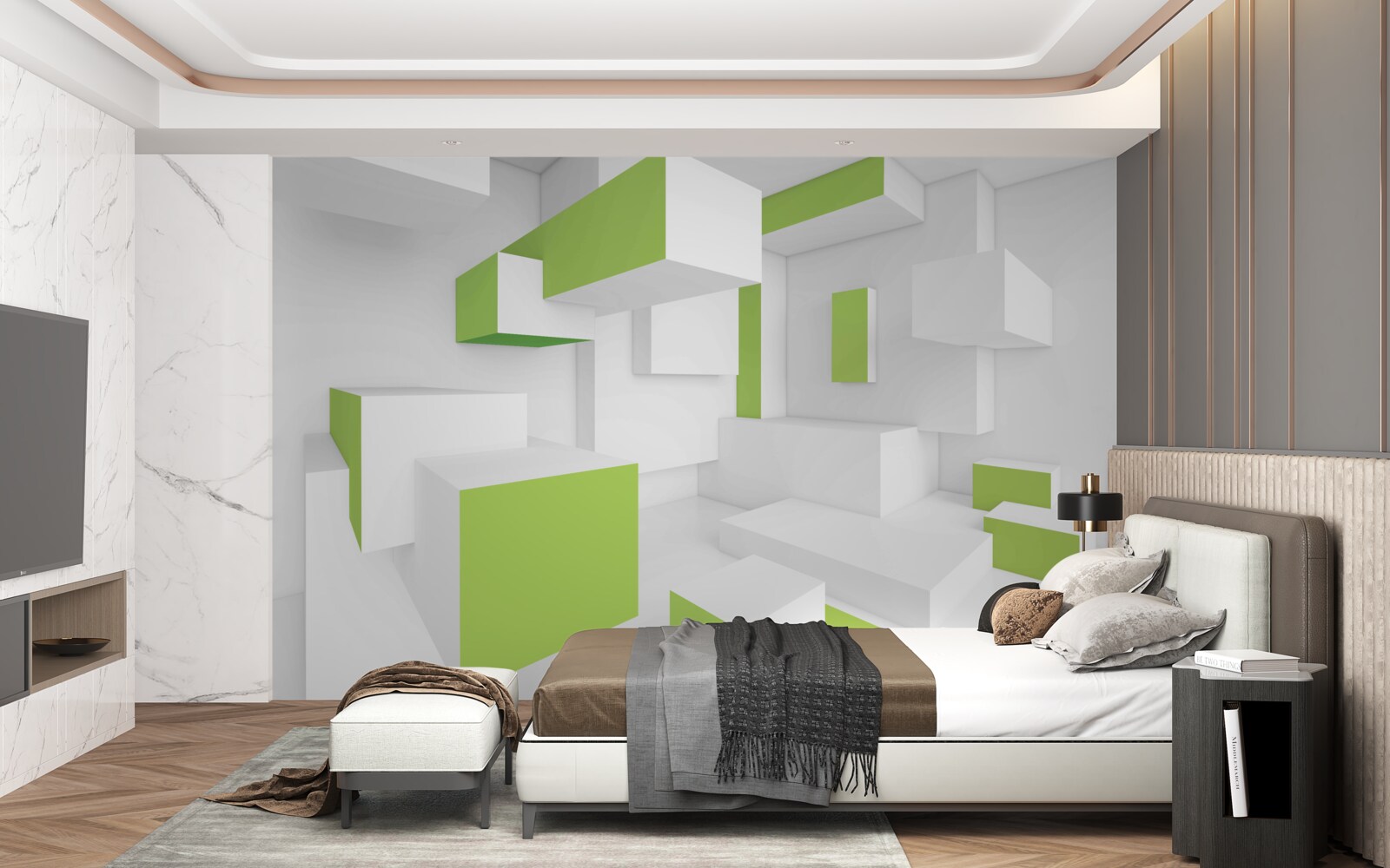 Fotobehang rechthoekige structuren met lichtgroene bekleding