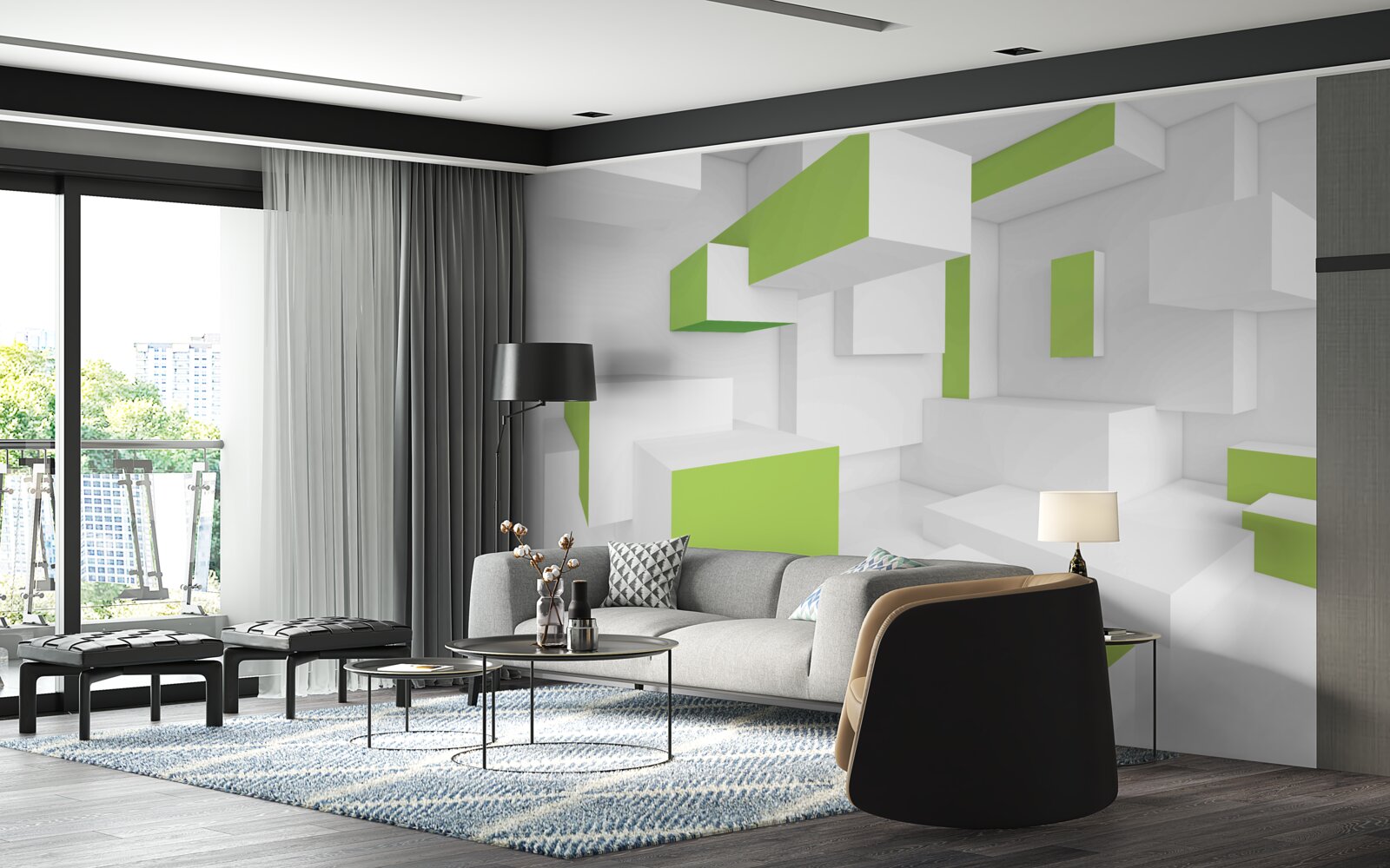 Fotobehang rechthoekige structuren met lichtgroene bekleding