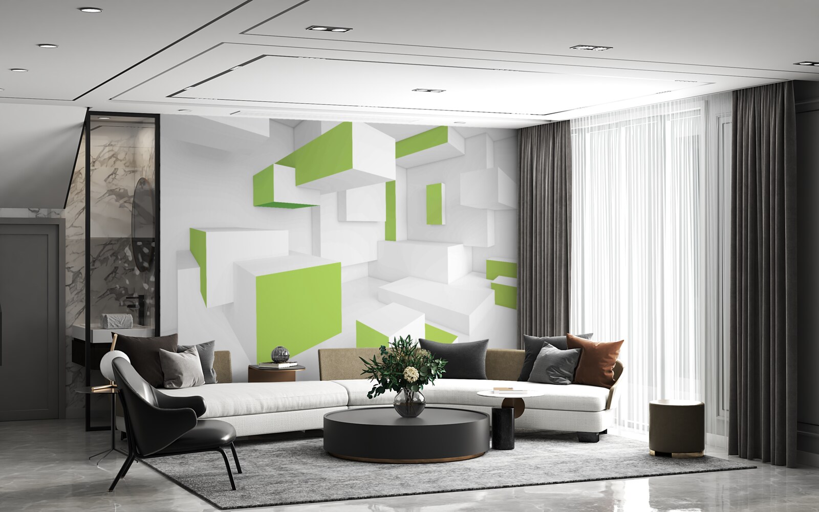 Fotobehang rechthoekige structuren met lichtgroene bekleding