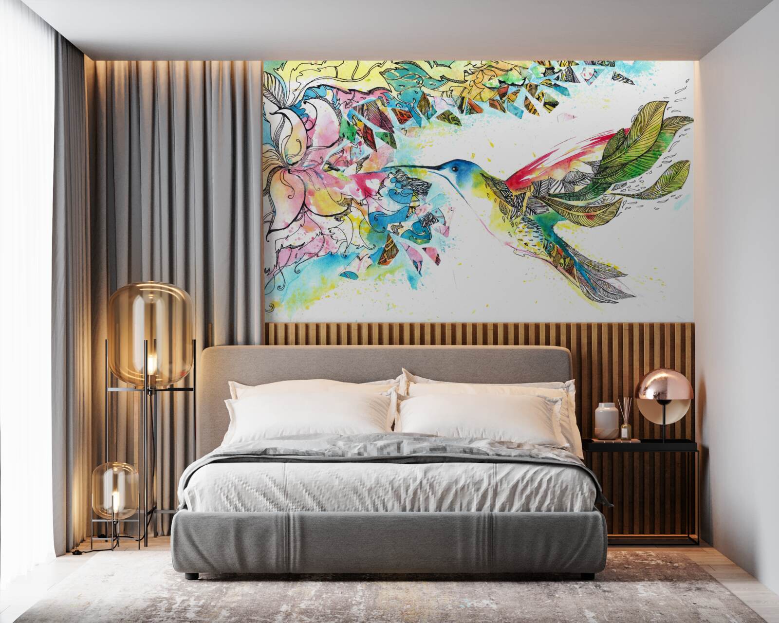 Fotobehang kolibries voeden zich met nectar uit bloemen