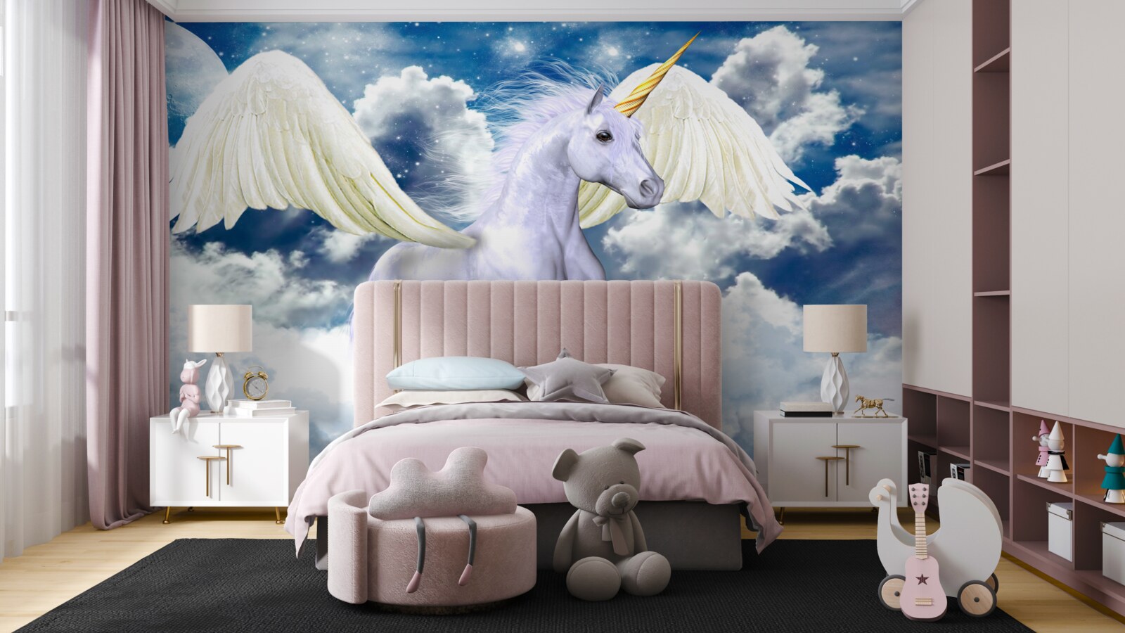 Fotobehang pegasus glijdend tussen de wolken