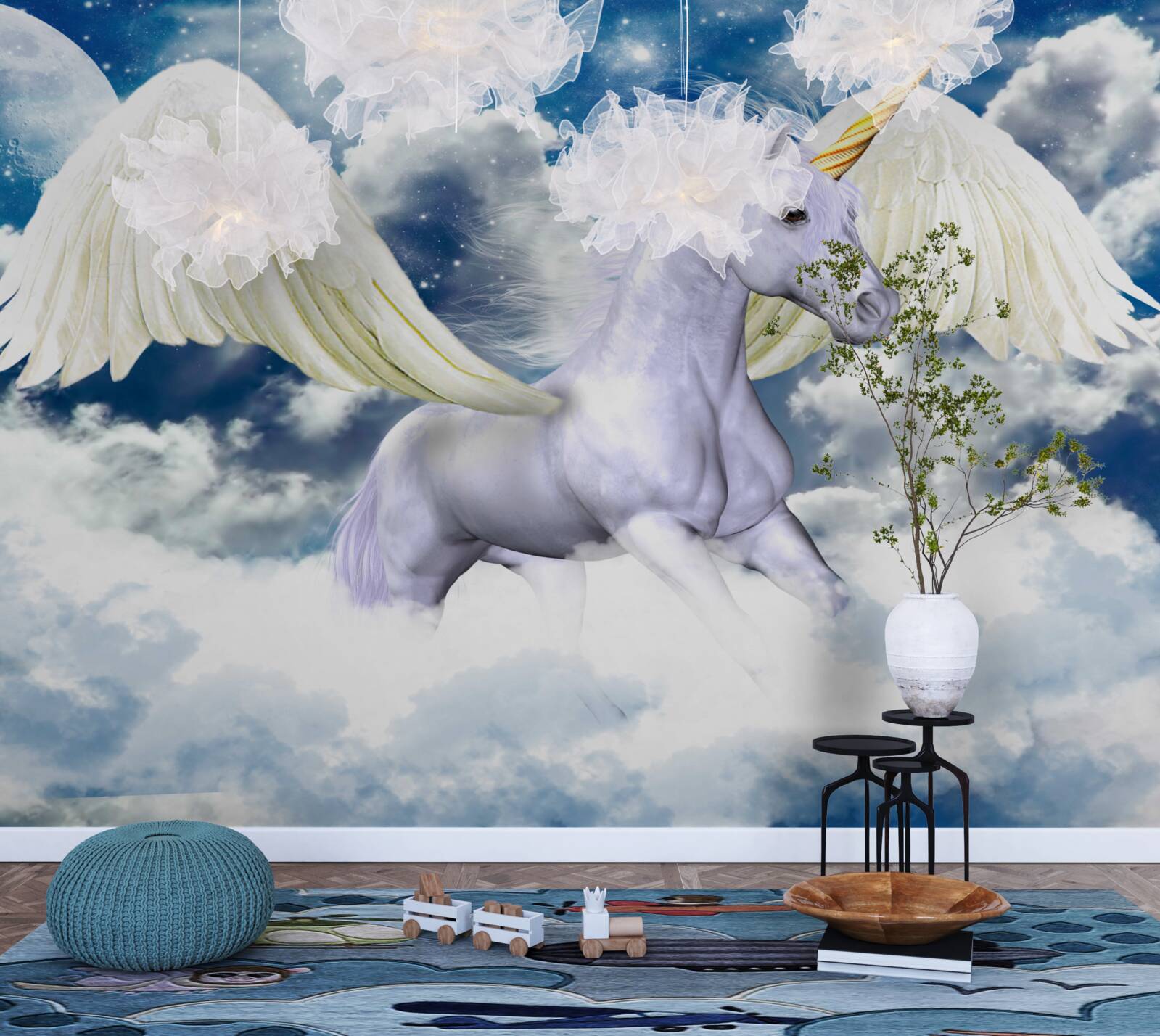 Fotobehang pegasus glijdend tussen de wolken