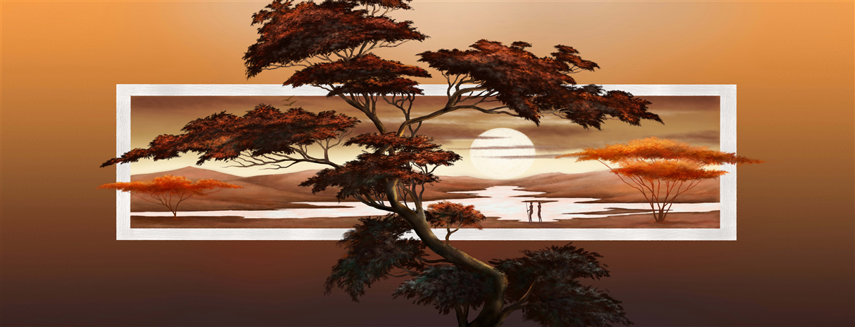 Fotobehang tegen de achtergrond van een heldere zonsondergang rijst een majestueuze en weelderige boom op