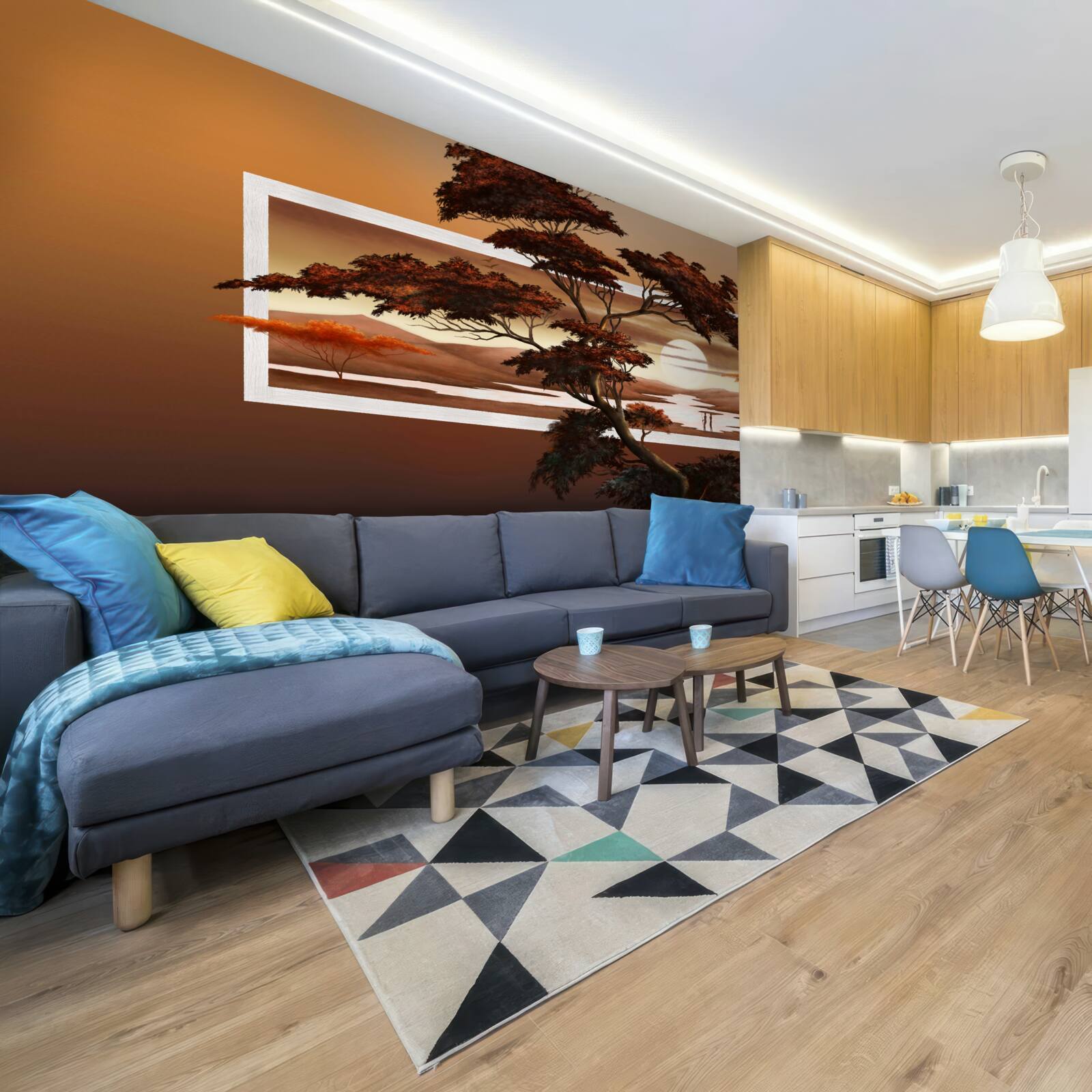 Fotobehang tegen de achtergrond van een heldere zonsondergang rijst een majestueuze en weelderige boom op