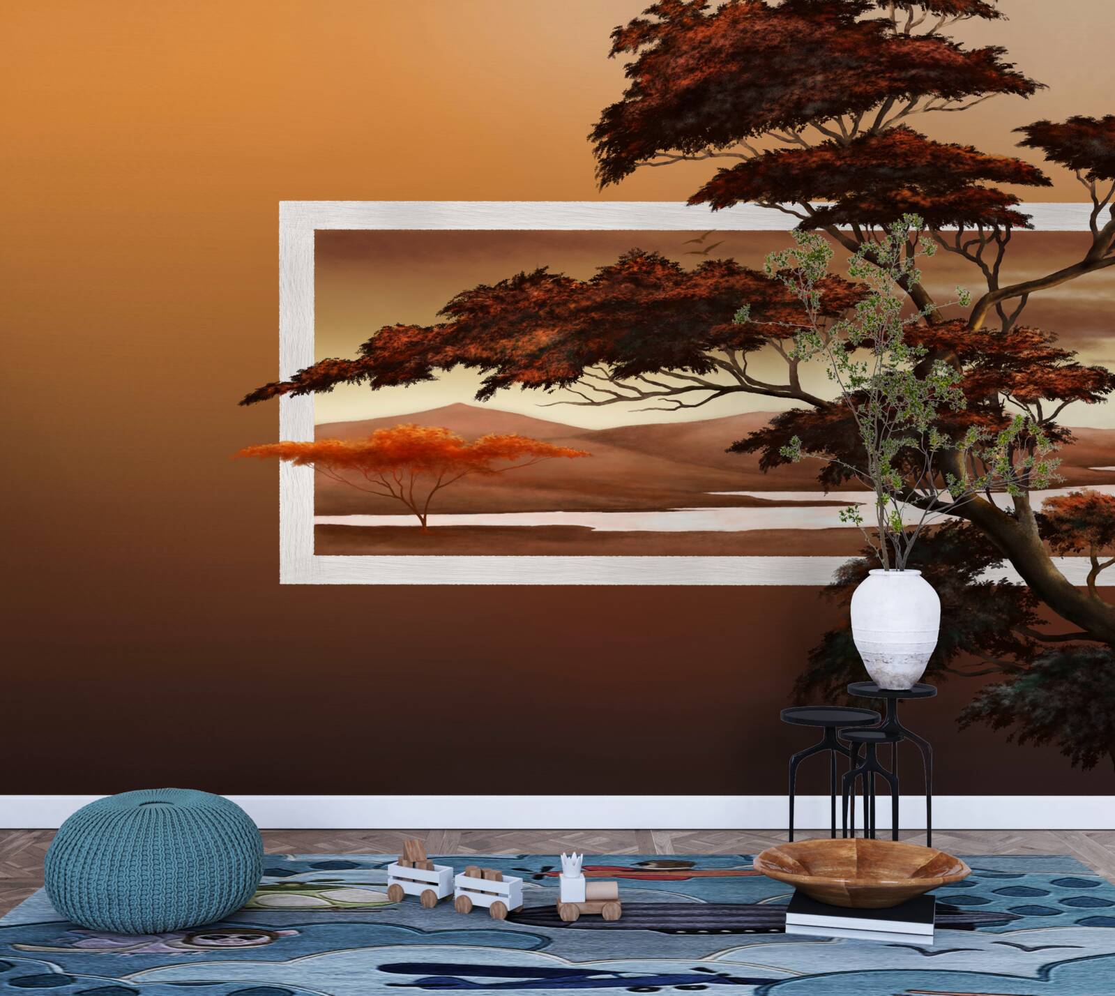 Fotobehang tegen de achtergrond van een heldere zonsondergang rijst een majestueuze en weelderige boom op